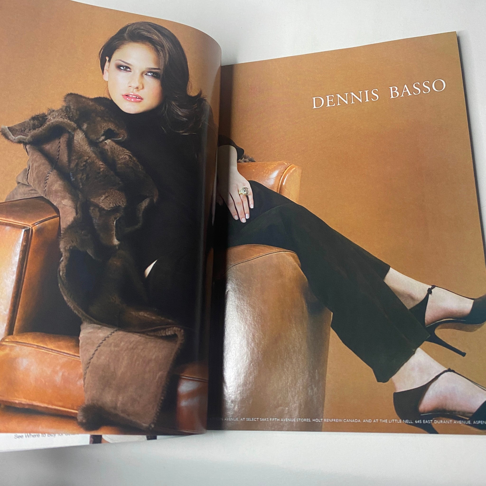 Harper's Bazaar December 2004 magazine spread featuring a stylish model showcasing designs by Dennis Basso against a rich brown backdrop.