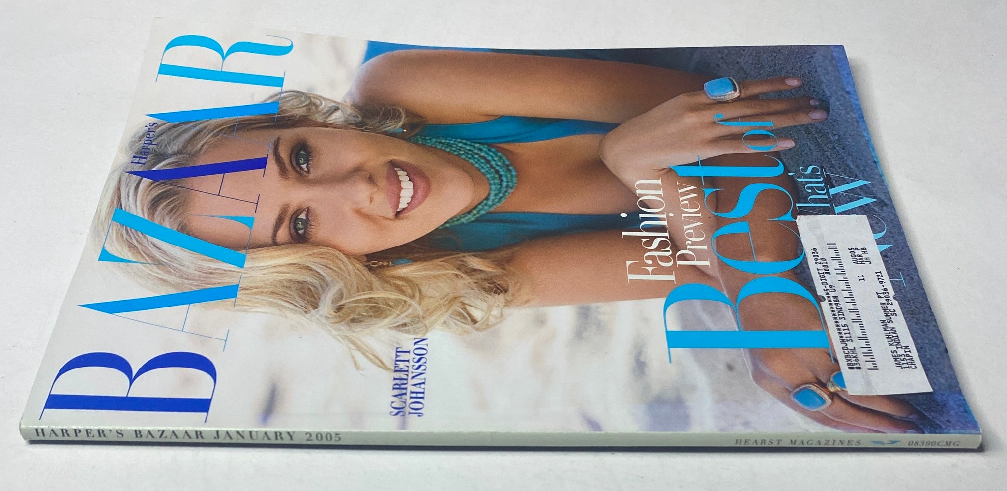 Harper's Bazaar Magazine January 2005 featuring Scarlett Johansson's cover shot, highlighting her beauty and fashion style in a lively layout.