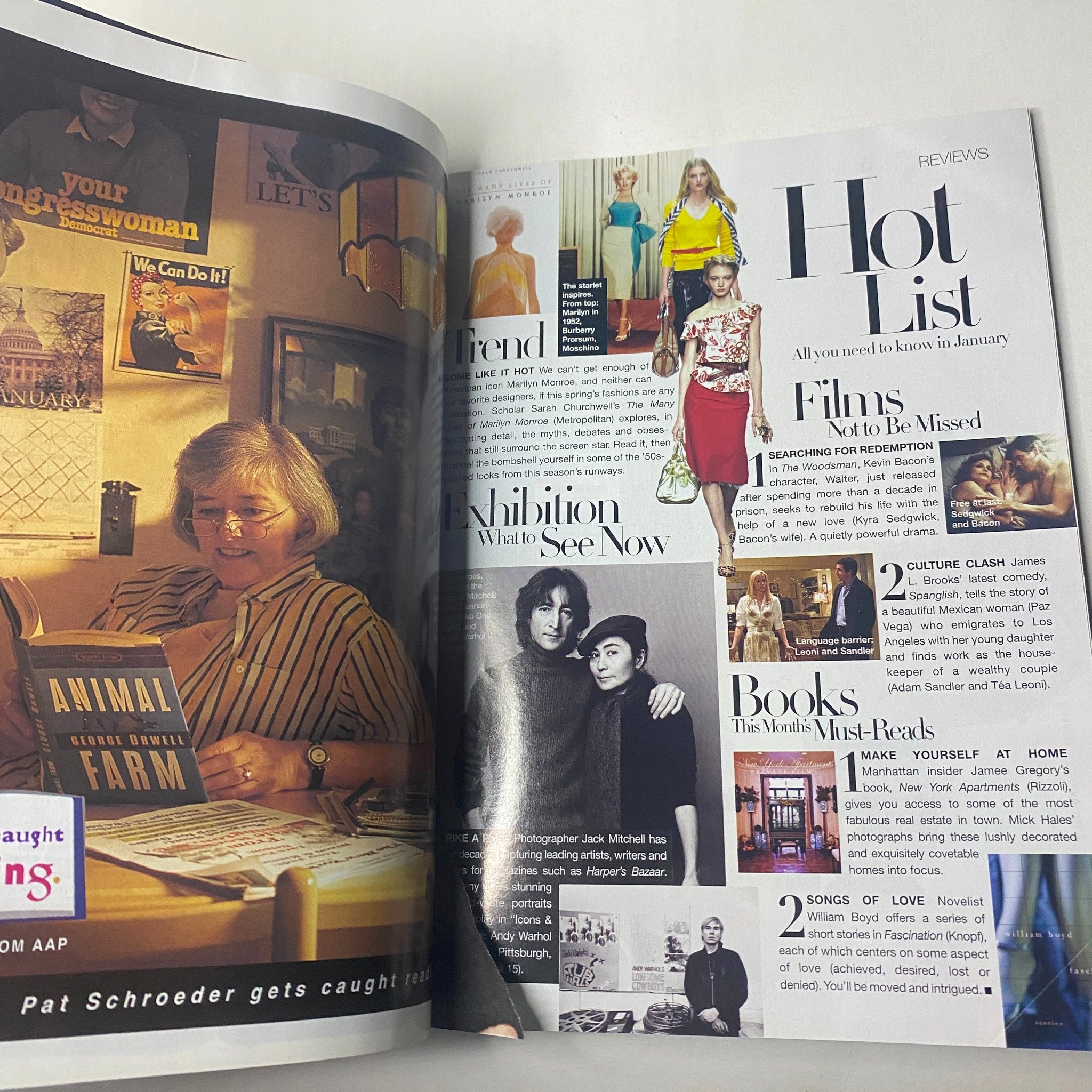 A review section from Harper's Bazaar Magazine January 2005 with a hot list featuring films, exhibitions, and books, showcasing trend insights for the new year.