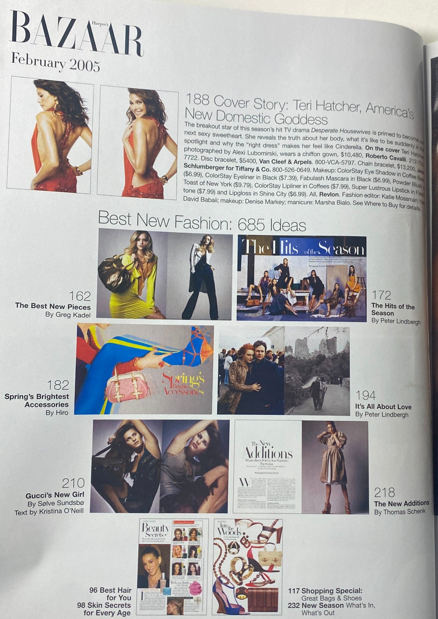 Interior page of Harper's Bazaar Magazine February 2005 highlighting the cover story on Teri Hatcher and the feature 'Best New Fashion: 685 Ideas'.