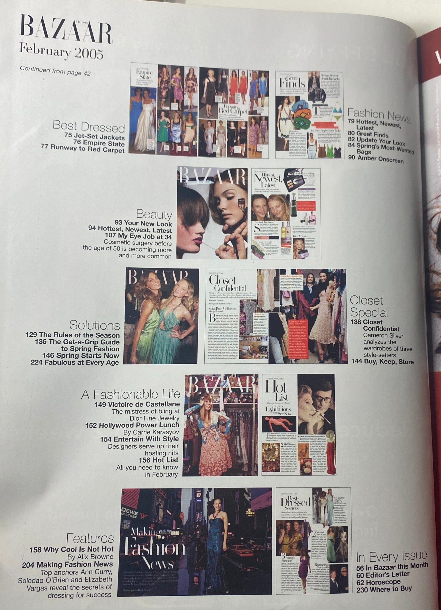 Another interior page of Harper's Bazaar Magazine February 2005 showcasing fashion highlights, beauty tips, and features including 'Best Dressed' and 'Solutions'.