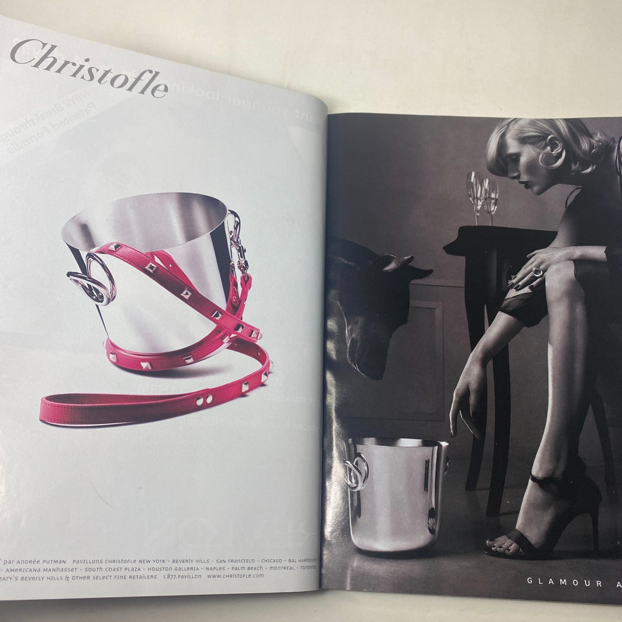 Pages from Harper's Bazaar Magazine February 2005 featuring a stylish Christofle accessory with a pink strap and a striking black-and-white image of a model posing elegantly next to a bucket, emphasizing modern glamour.