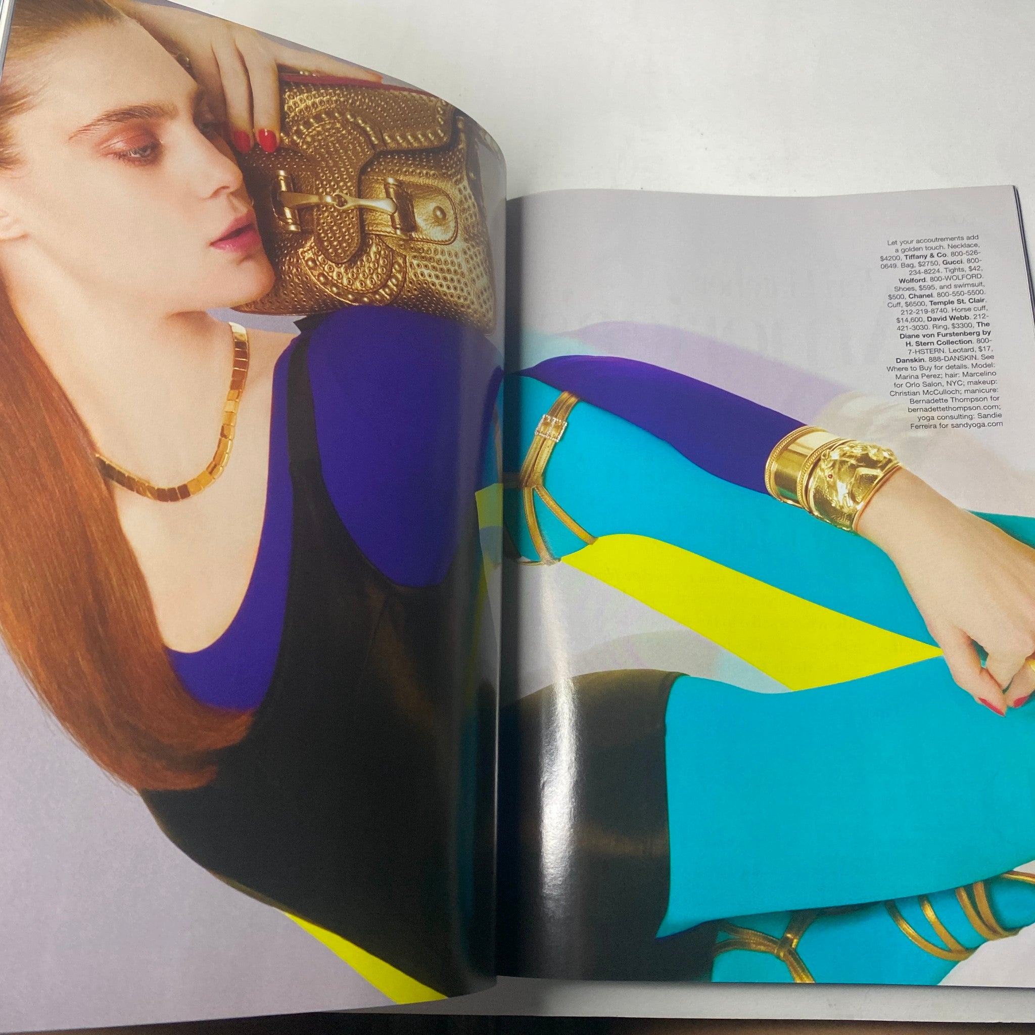 Vibrant fashion image from Harper's Bazaar Magazine February 2005 depicting a model with colorful attire featuring bold blues and yellows, accessorized with gold jewelry, representing contemporary fashion trends.