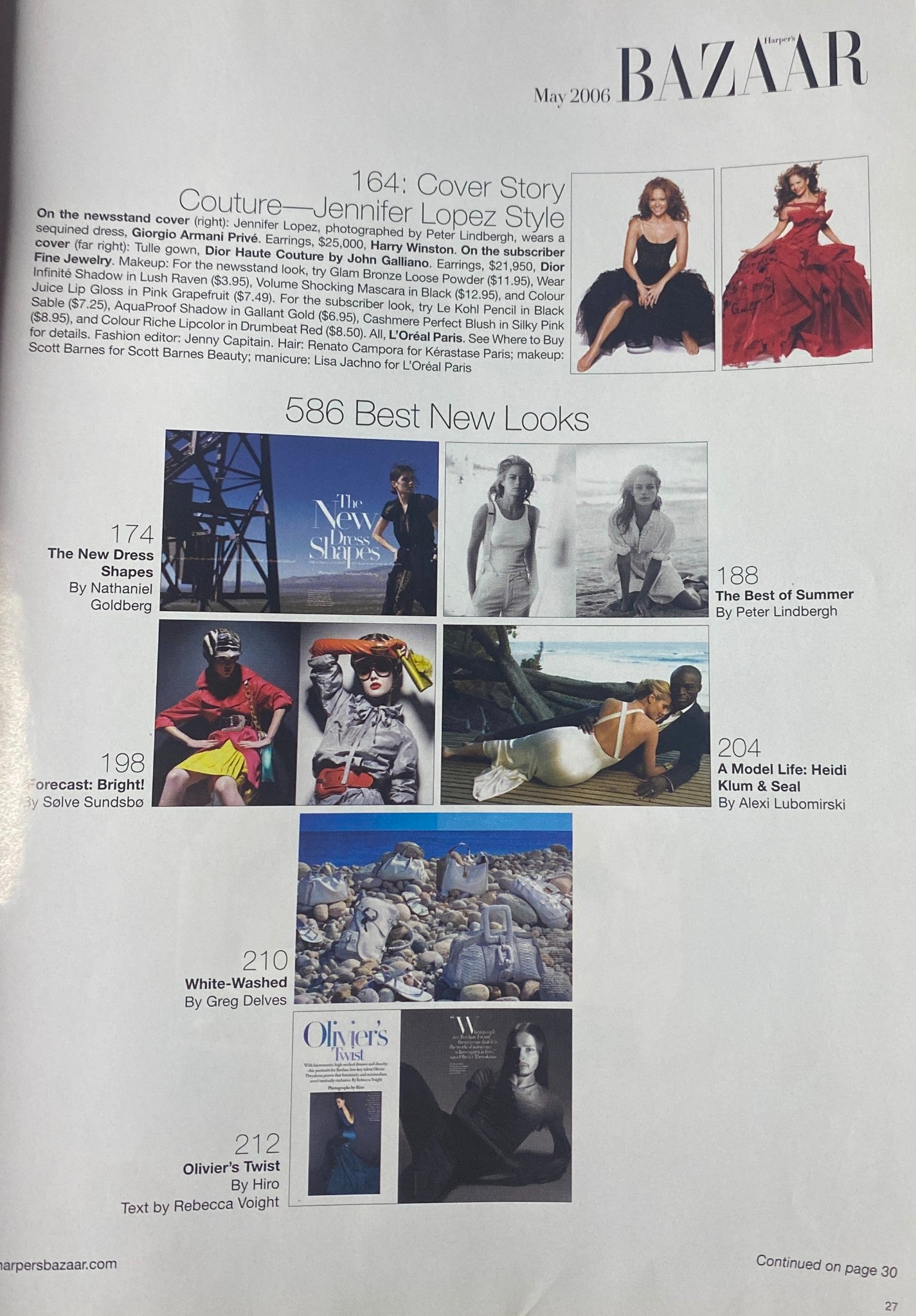 Interior page from Harper's Bazaar May 2006, featuring editorial highlights including 'Couture—Jennifer Lopez Style' and other fashion features.