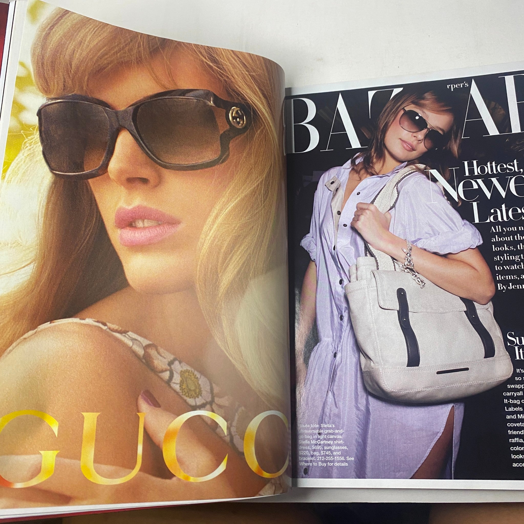 Harper's Bazaar Magazine May 2006, showcasing a Gucci advertisement with a model wearing sunglasses, emphasizing luxury fashion trends.