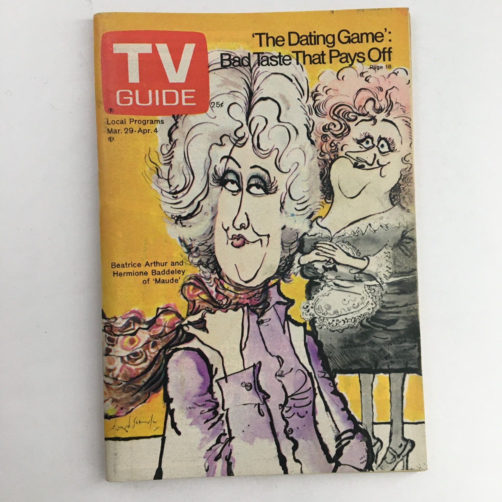 Cover of TV Guide Magazine March 29, 1975 featuring caricatures of Beatrice Arthur and Hermione Baddeley from the show 'Maude', showcasing vintage magazine art from the mid-1970s.