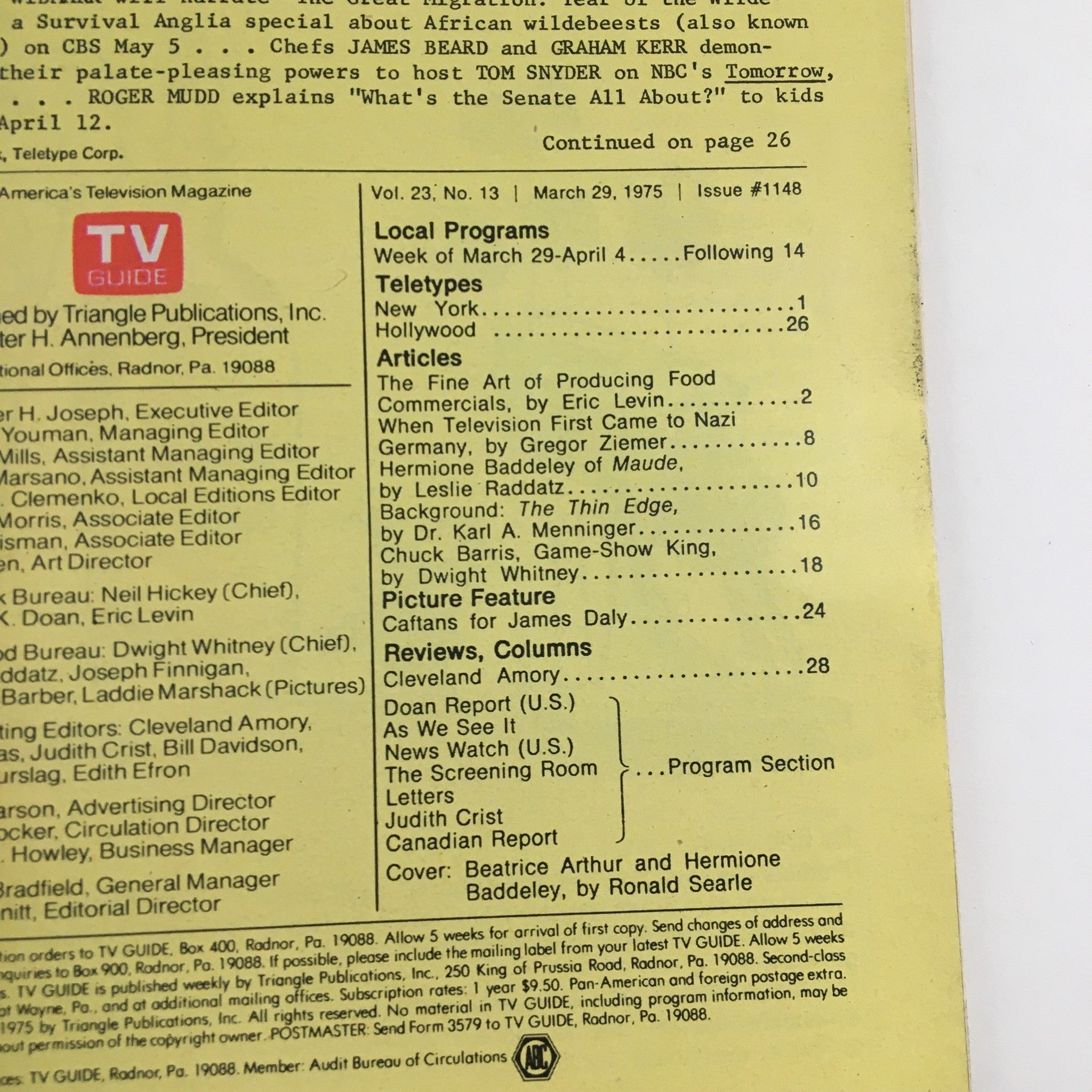 Back cover of TV Guide Magazine March 29, 1975 displaying articles and local program listings, highlighting the cultural significance of television during the 1970s.