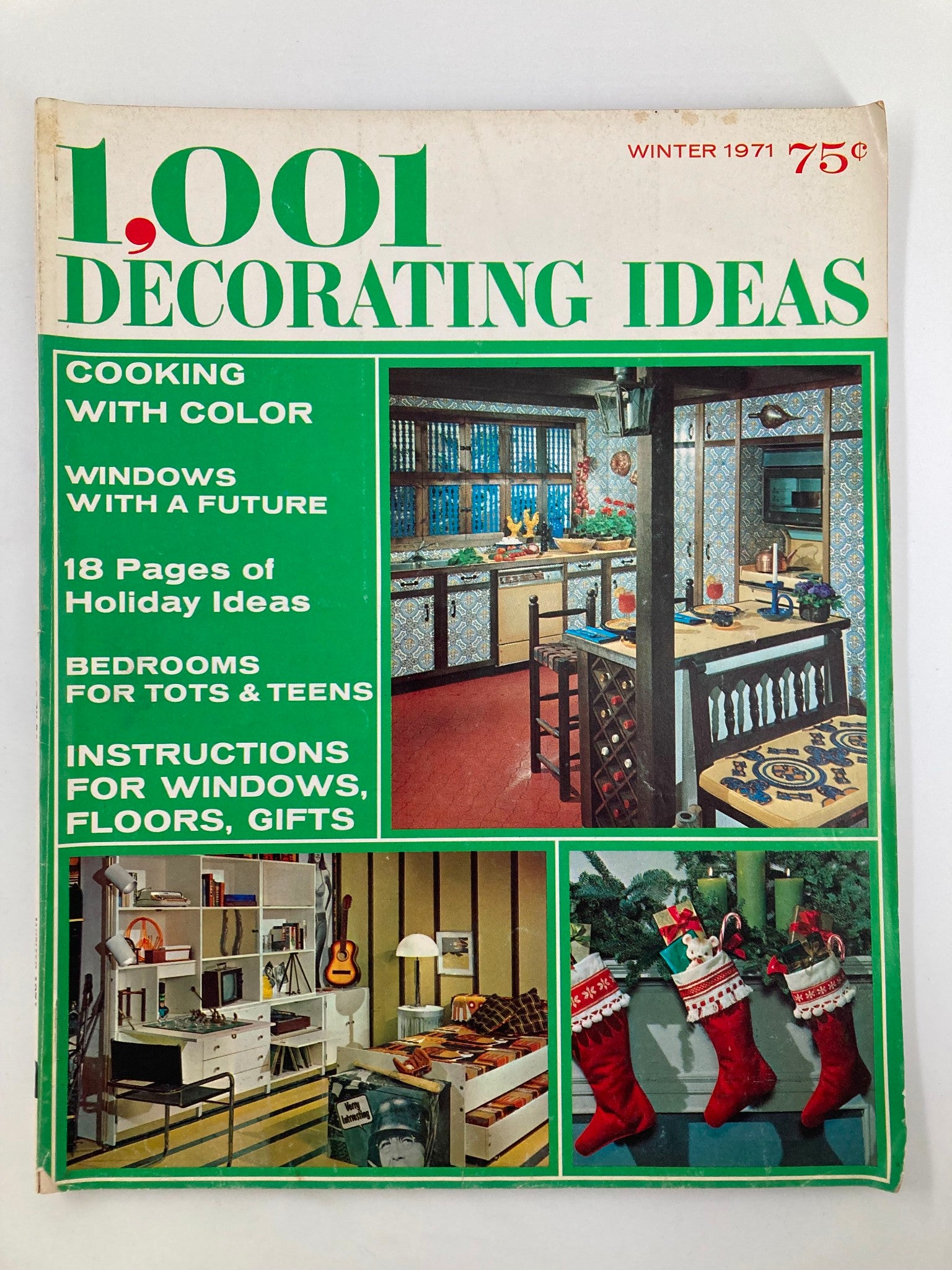 Front cover of VTG 1001 Decorating Ideas Magazine Winter 1971 showcasing the theme 'Cooking with Color', featuring decorative ideas and colorful home designs.