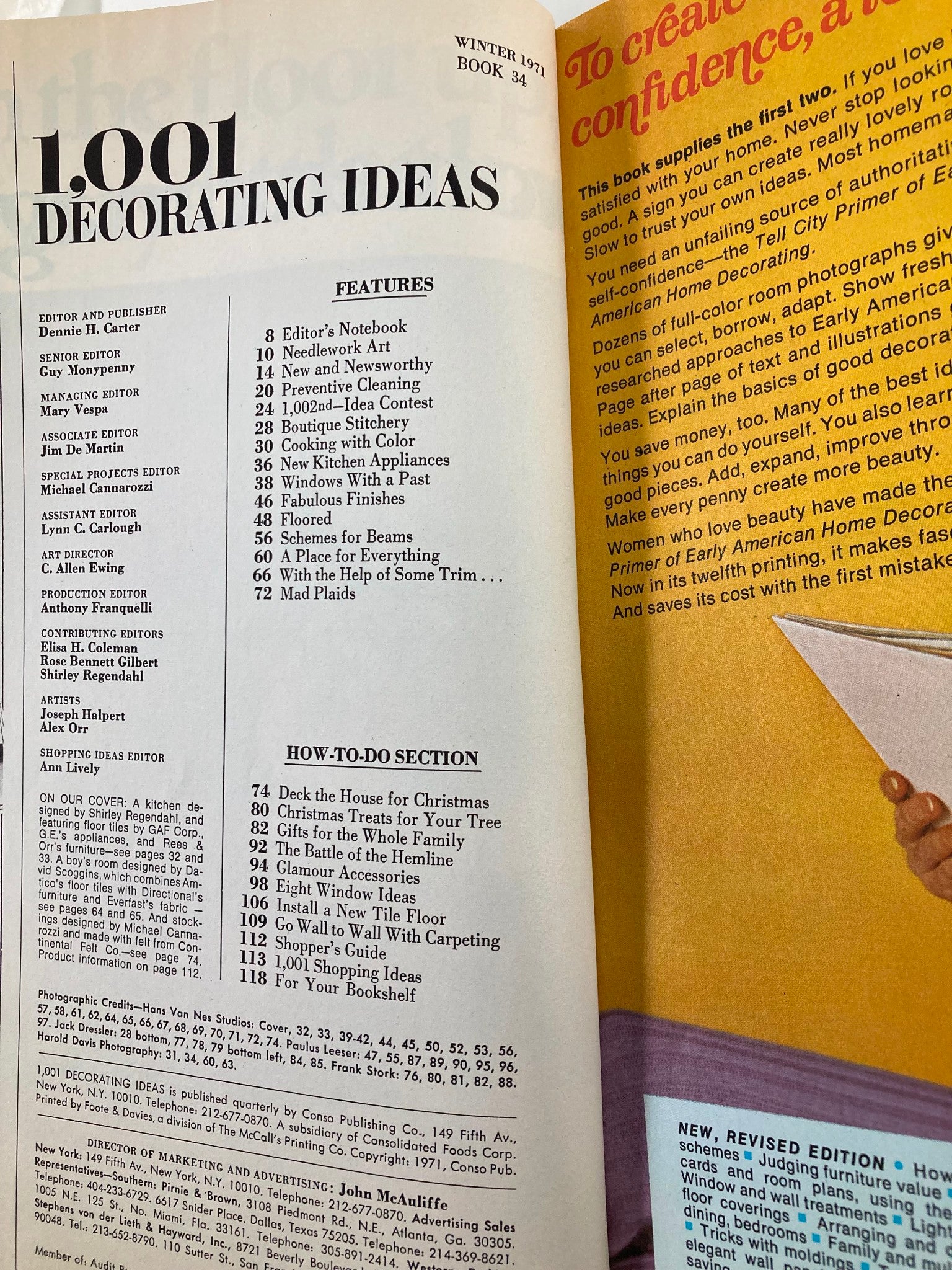 Interior page of VTG 1001 Decorating Ideas Magazine Winter 1971 displaying the table of contents and feature topics including 'Cooking with Color' and home decorating tips.