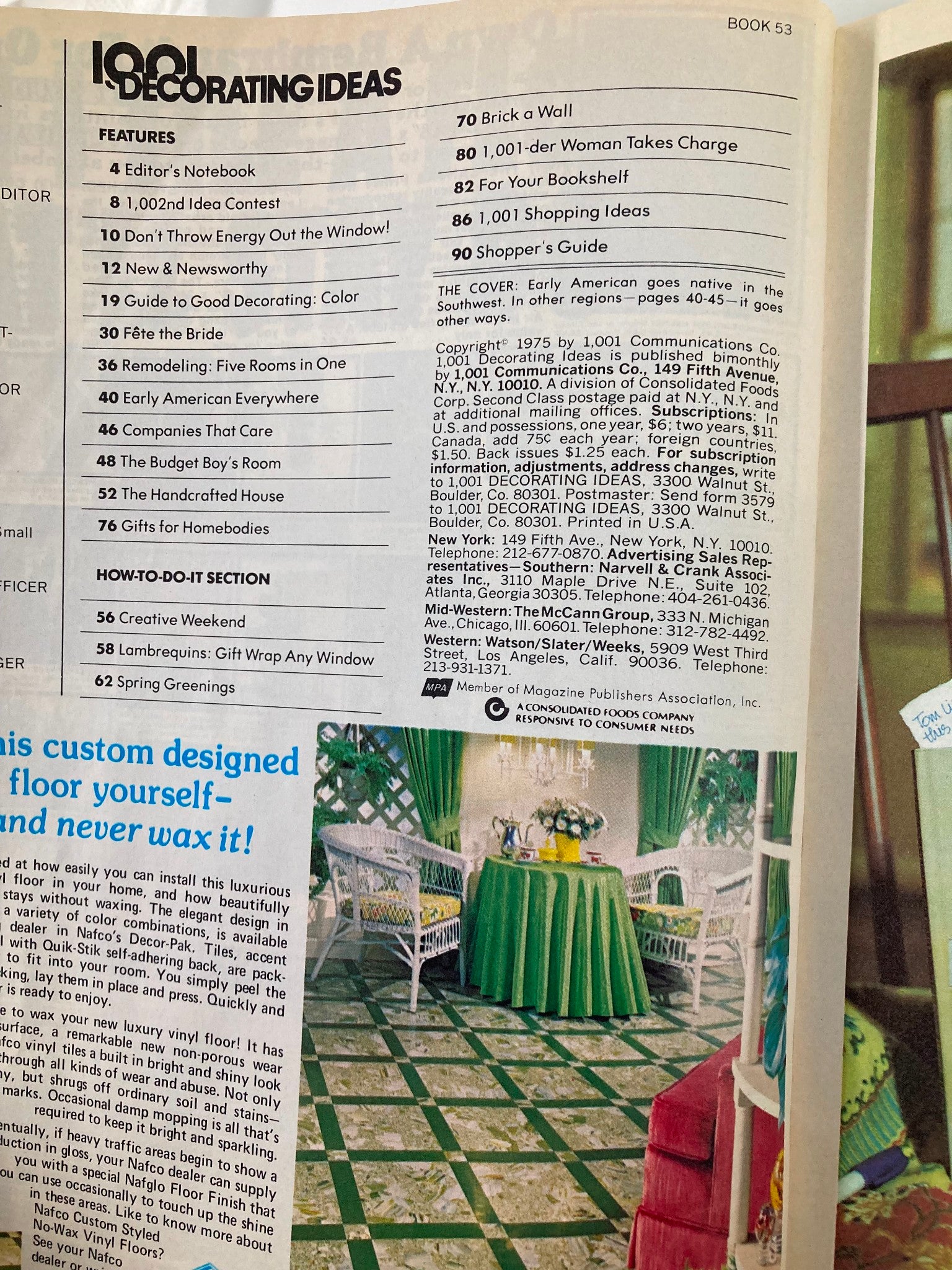 Inside page of the VTG 1001 Decorating Ideas Magazine from 1975 showcasing a table of contents, featuring articles on decorating, DIY projects, and tips for creating youthful spaces. This page highlights the theme 'Boy's Budget Room That Grows Up,' reflecting the vintage charm of 1970s interior design.
