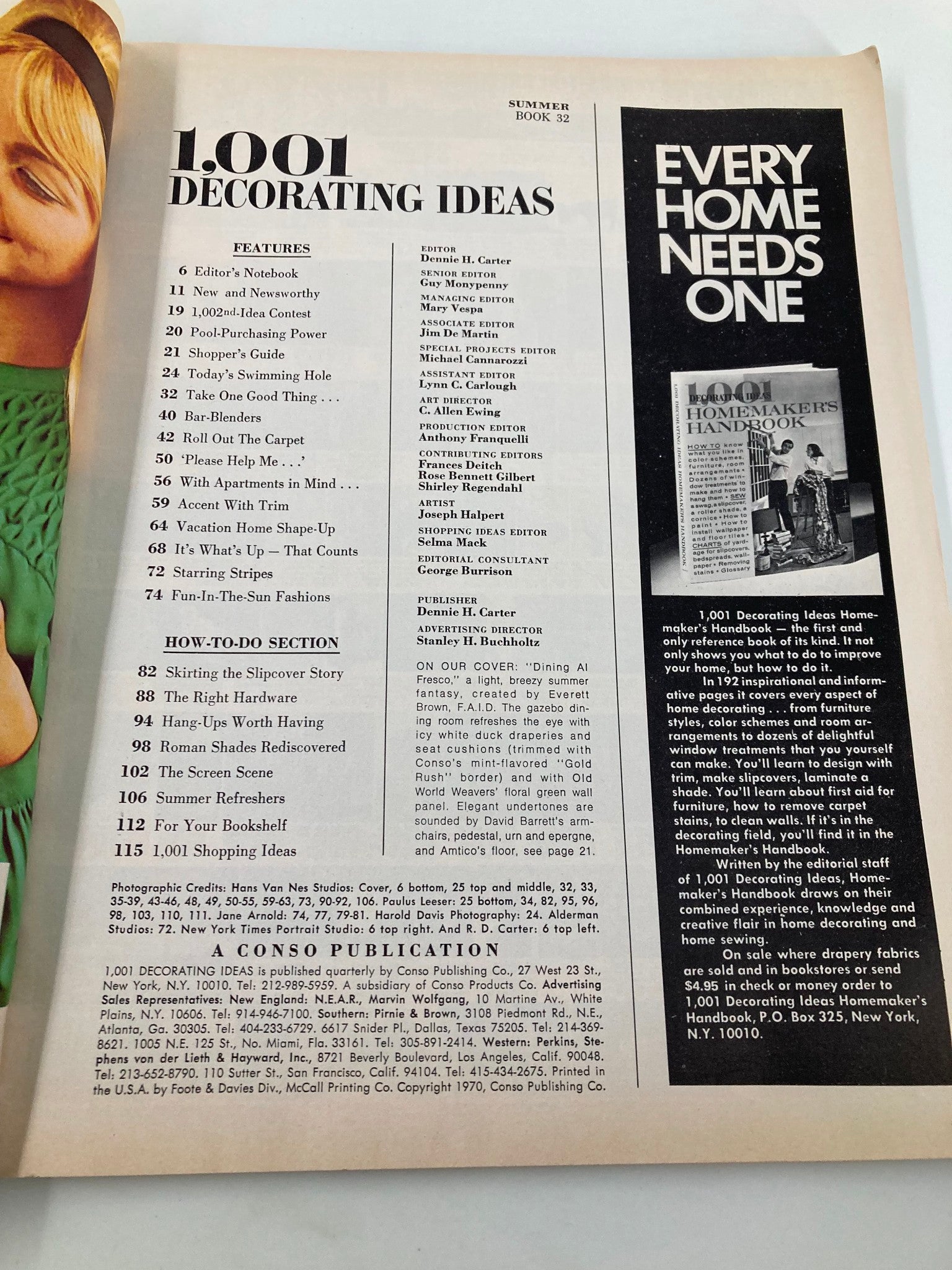 Page from VTG 1001 Decorating Ideas Magazine Summer 1970 featuring the table of contents and various decorating tips, including the Skirting the Slipcover story, showcasing retro home decor inspirations.