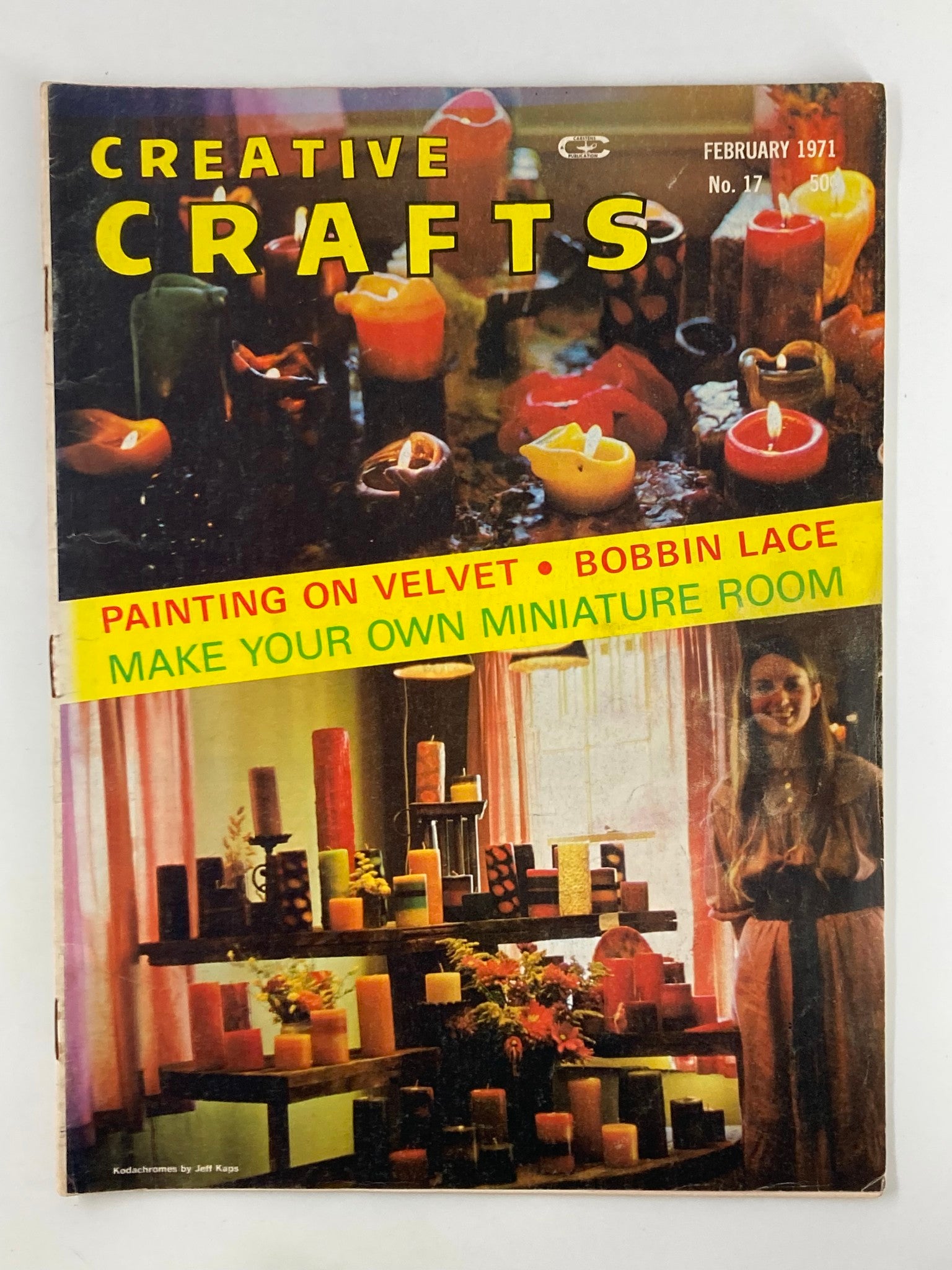 Cover of VTG Creative Crafts Magazine from February 1971 featuring a nostalgic theme with candles and decoration ideas for painting on velvet and miniatures.
