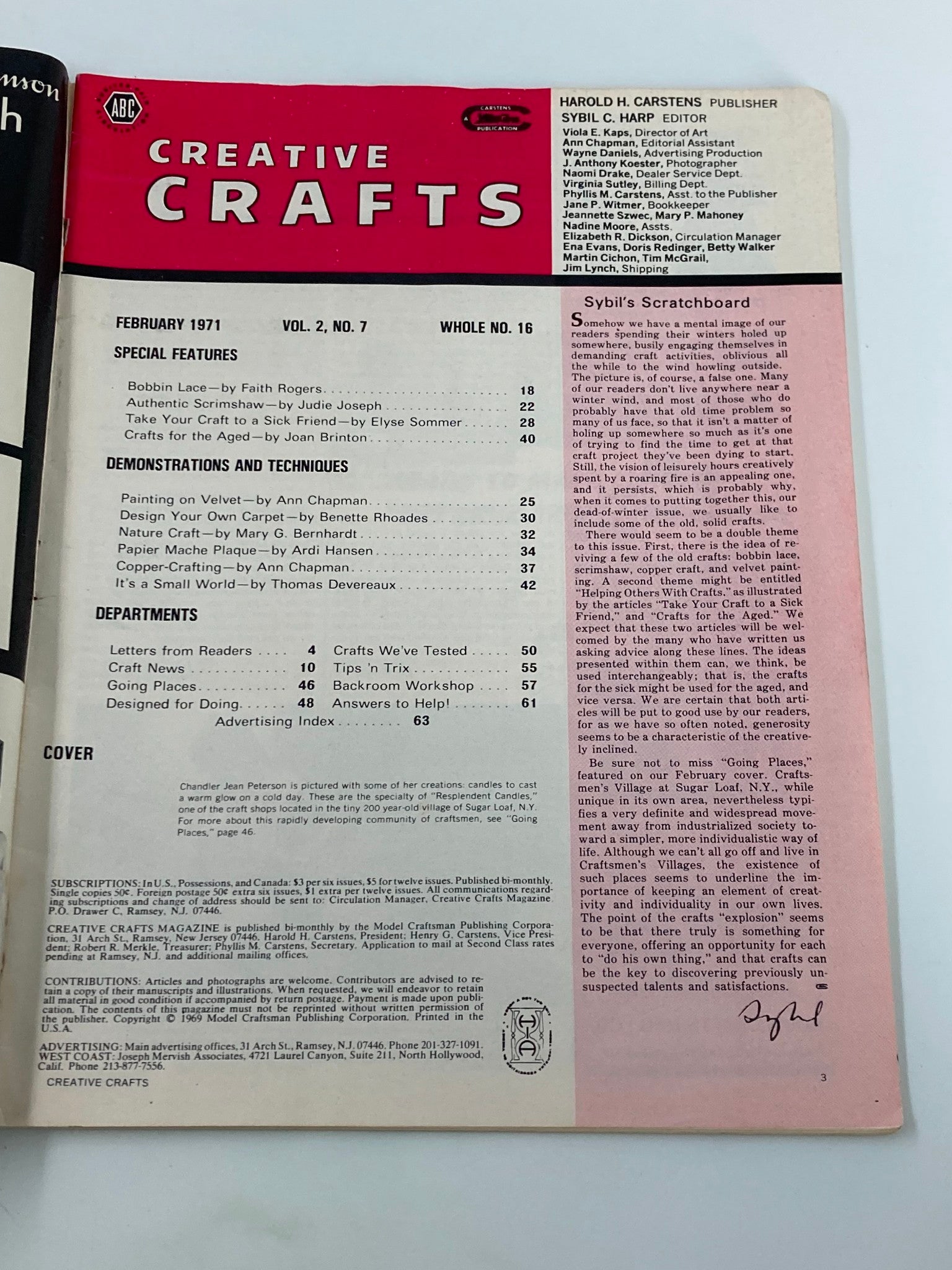 Interior page of VTG Creative Crafts Magazine February 1971 showcasing the table of contents, highlighting articles on painting on velvet and various craft techniques.