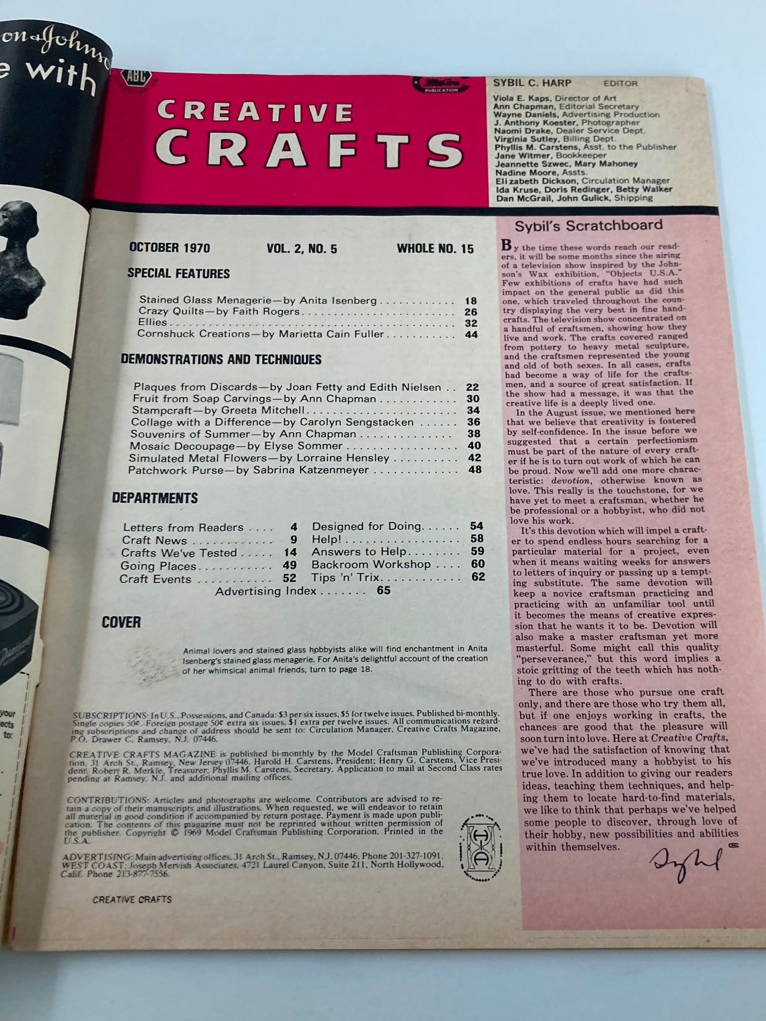 Interior page of VTG Creative Crafts Magazine, October 1970, showcasing contents and special features including 'Stained Glass Menagerie', with details about crafting projects and techniques.