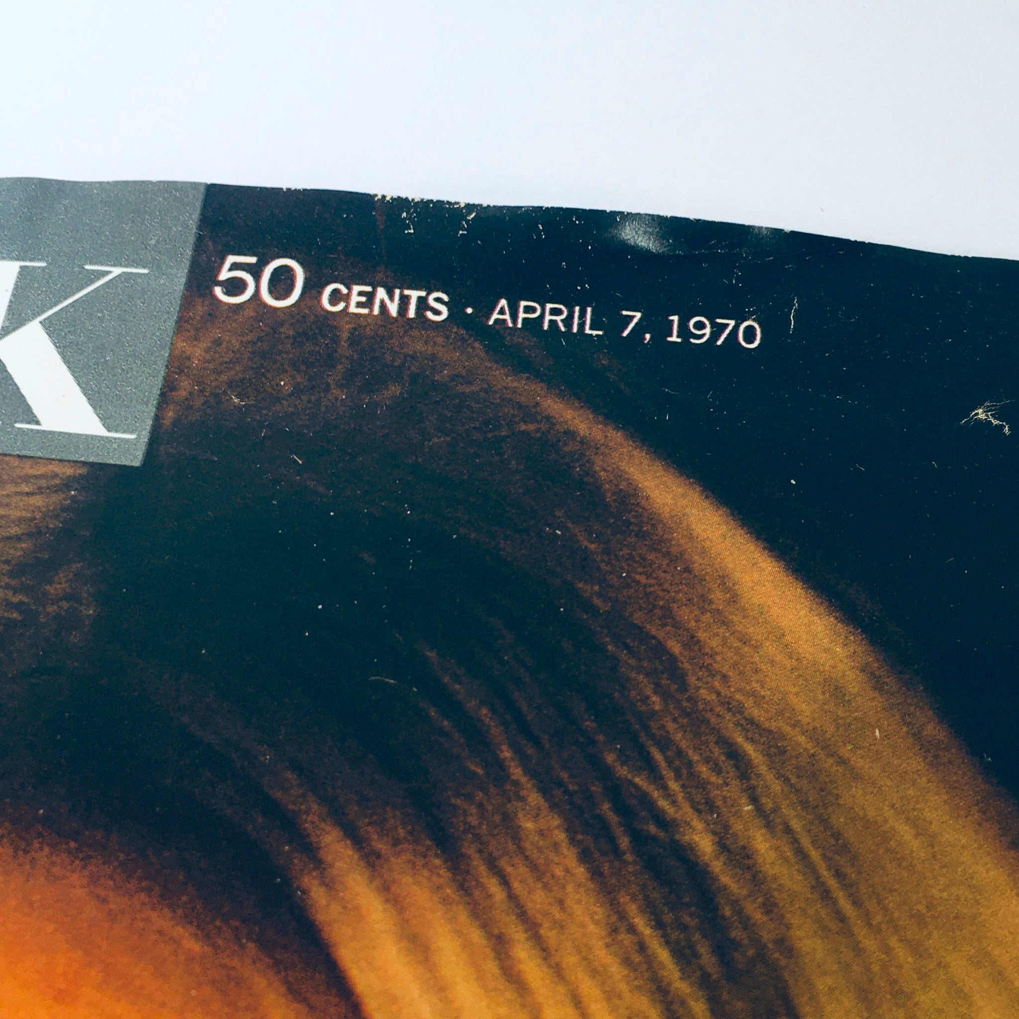 Top section of the Look Magazine cover dated April 7, 1970 showcasing the price of 50 cents and the publication date. This issue features discussions on Arnold Palmer, foreign cars, and youth drug culture.