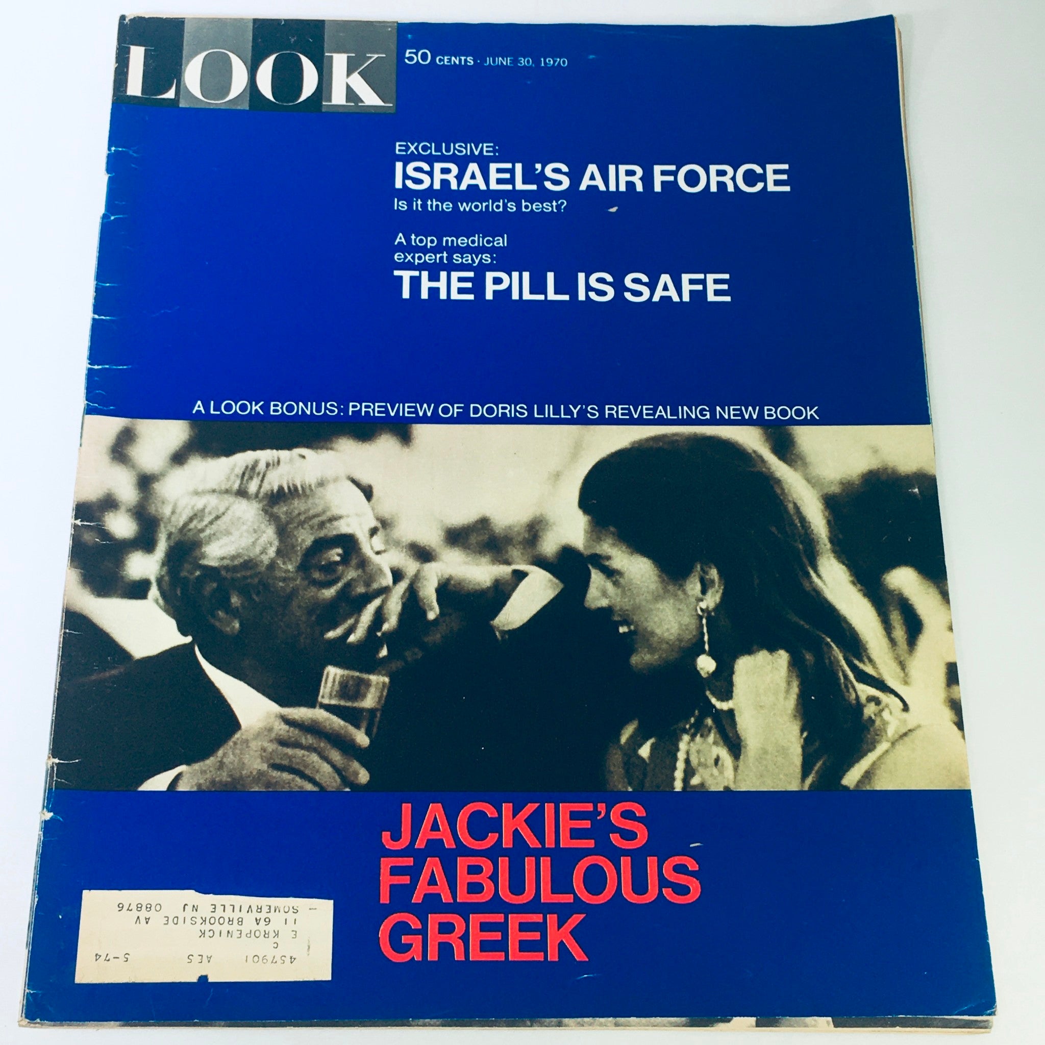 Cover of VTG Look Magazine from June 30, 1970 featuring articles on Jackie Kennedy, Doris Lilly, and Israel's Air Force. The magazine showcases vintage design with a blue background, highlighting cultural and political themes from the 1970s.