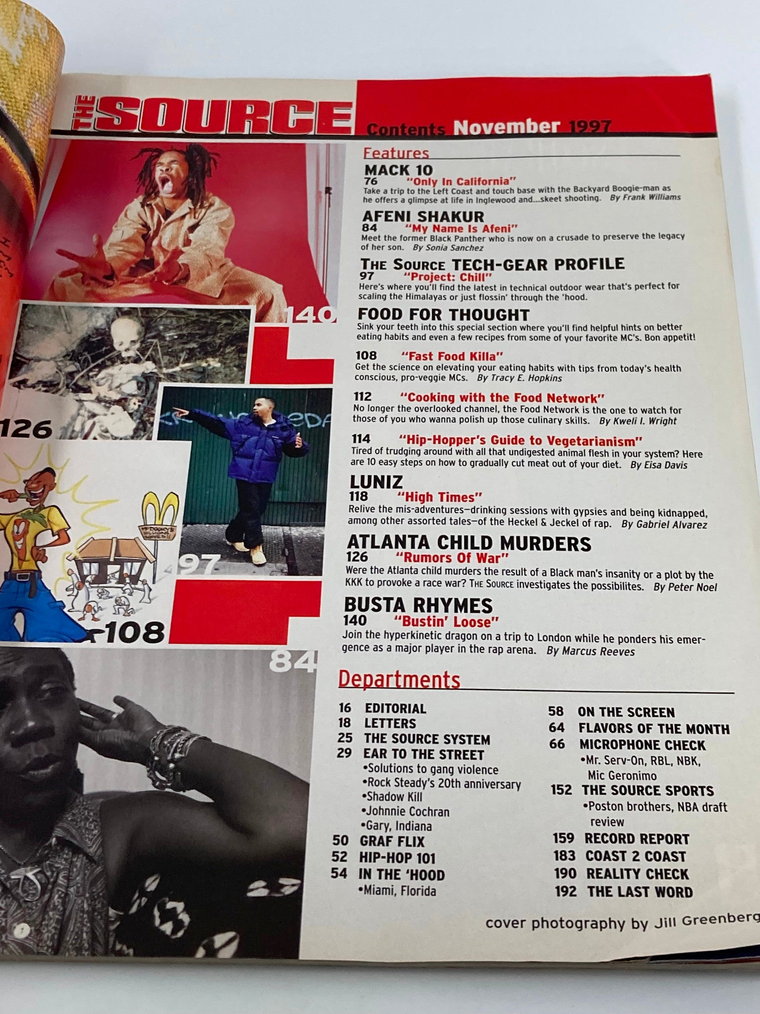 Contents page of The Source Magazine November 1997, featuring Busta Rhymes and Mack 10, highlighting articles and features such as 'Fast Food Killa' and 'Hip-Hopper's Guide to Vegetarianism.'