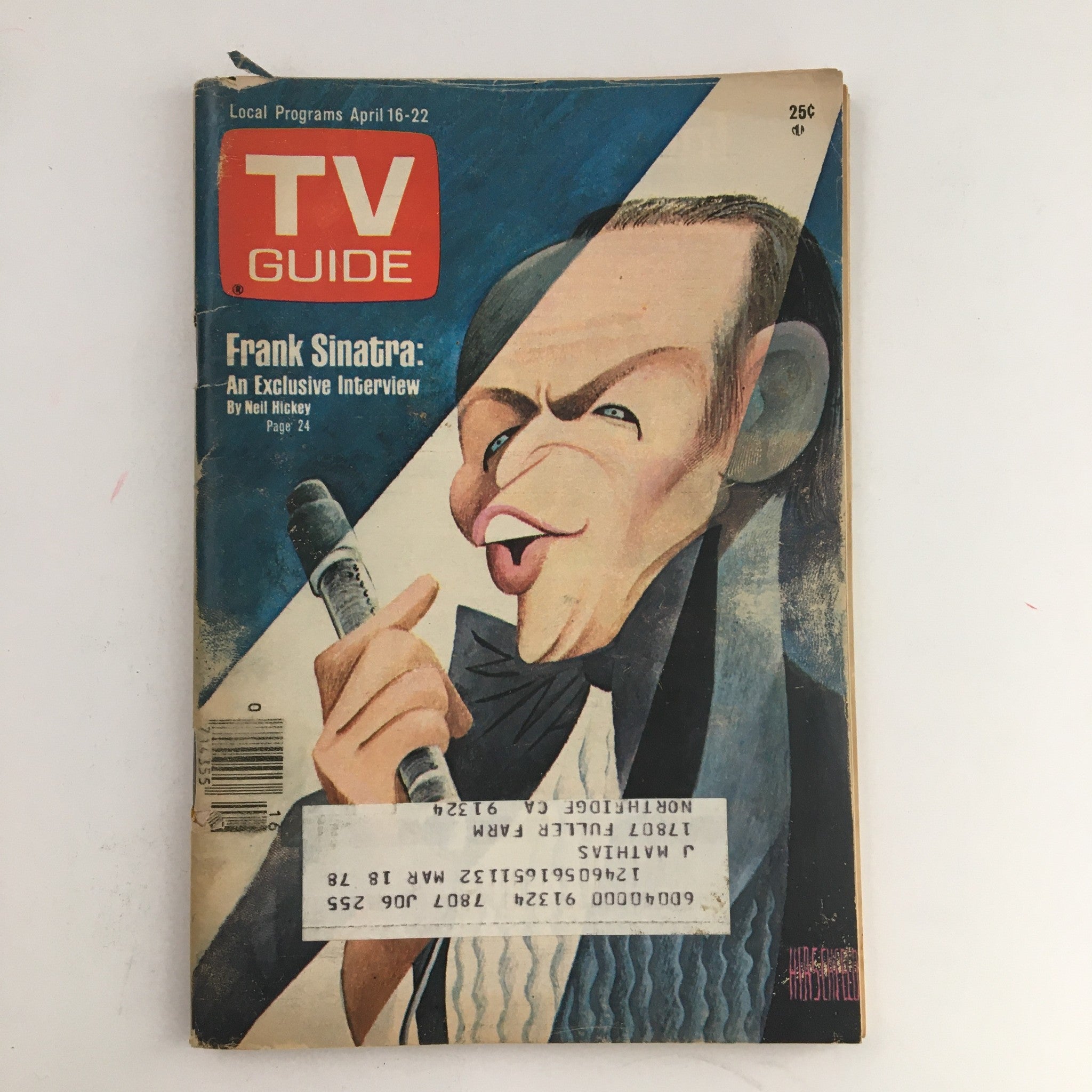 Close-up of the TV Guide Magazine from April 16, 1977, featuring an exclusive interview with Frank Sinatra. The cover showcases a caricature of Sinatra holding a microphone, with a prominent 'TV GUIDE' logo and details like the magazine's date and page number.