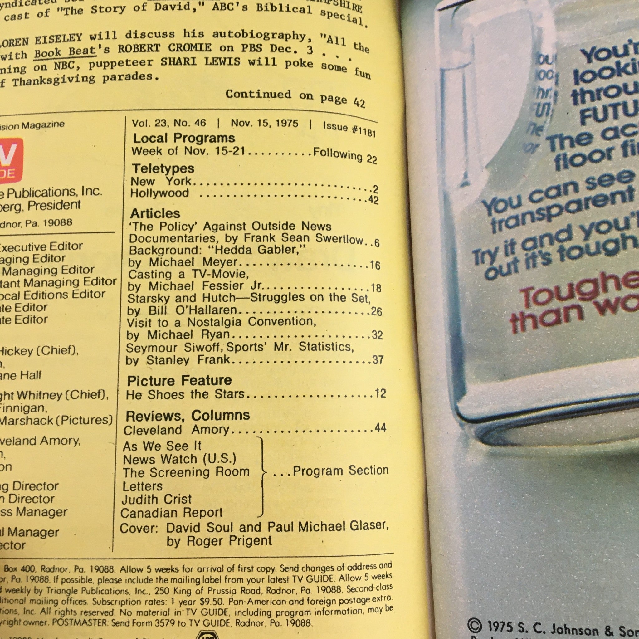 Inside page of TV Guide Magazine November 15 1975, displaying article headlines and listings, including coverage of Starsky and Hutch.