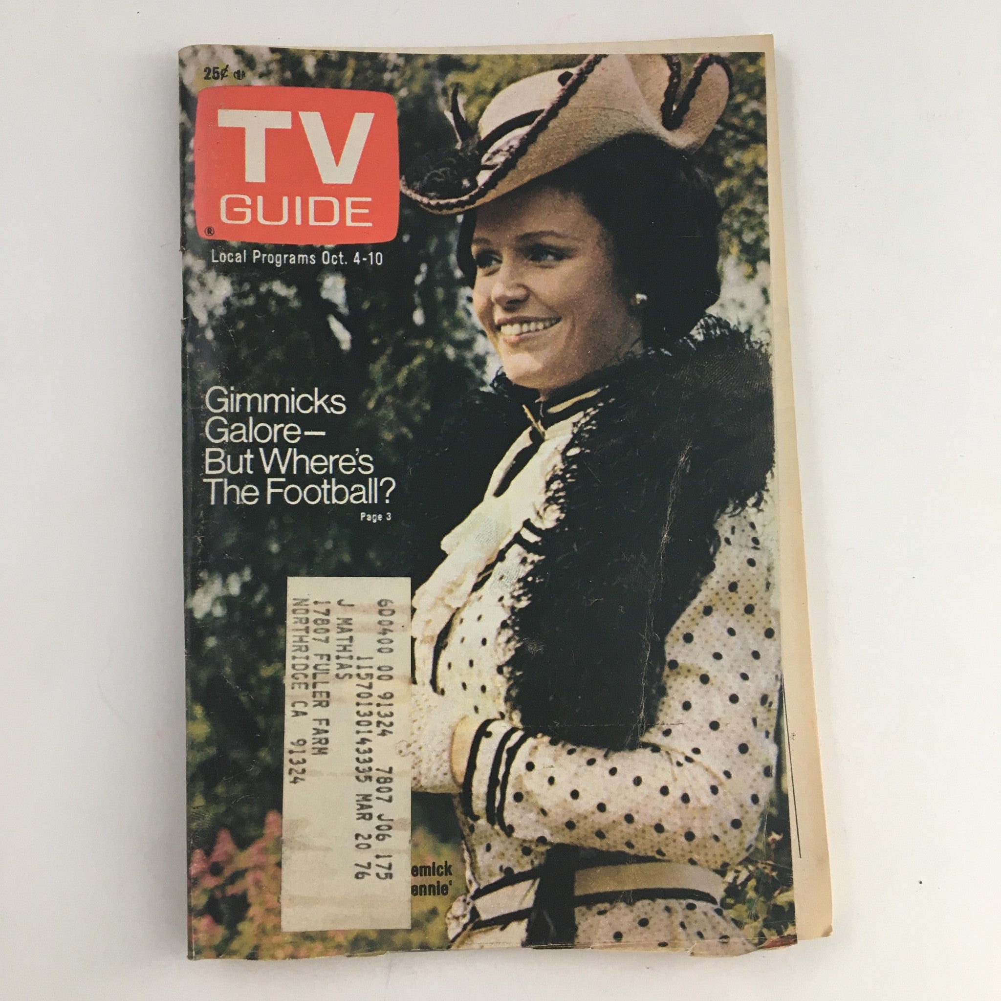 TV Guide Magazine October 4, 1975 featuring Lee Remick on the cover. The cover highlights the title and a captivating image of Remick in vintage attire, reflecting mid-70s television culture.