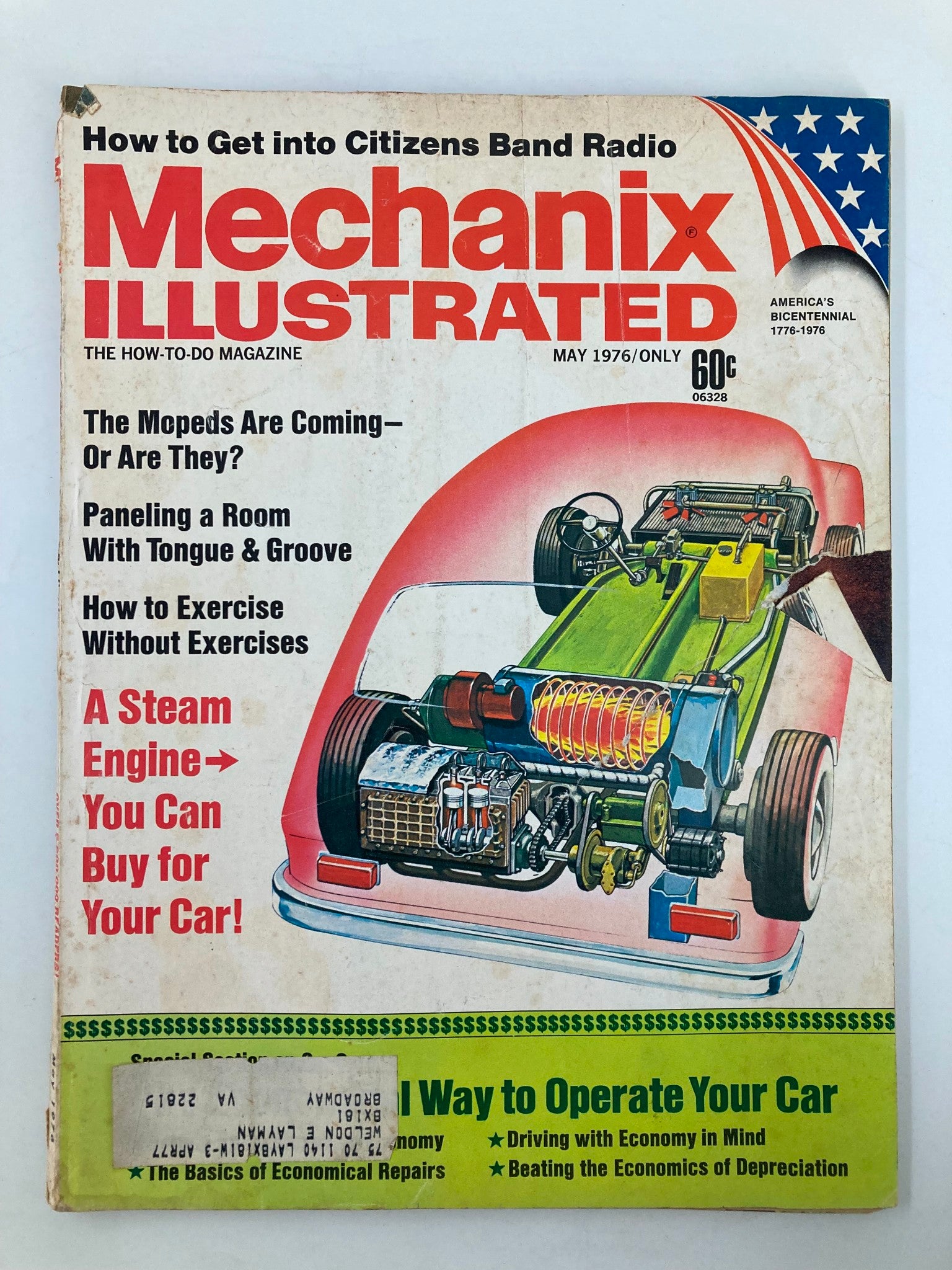 Front cover of VTG Mechanix Illustrated Magazine May 1976 featuring a detailed illustration of a steam engine for cars, with the title prominently displayed.