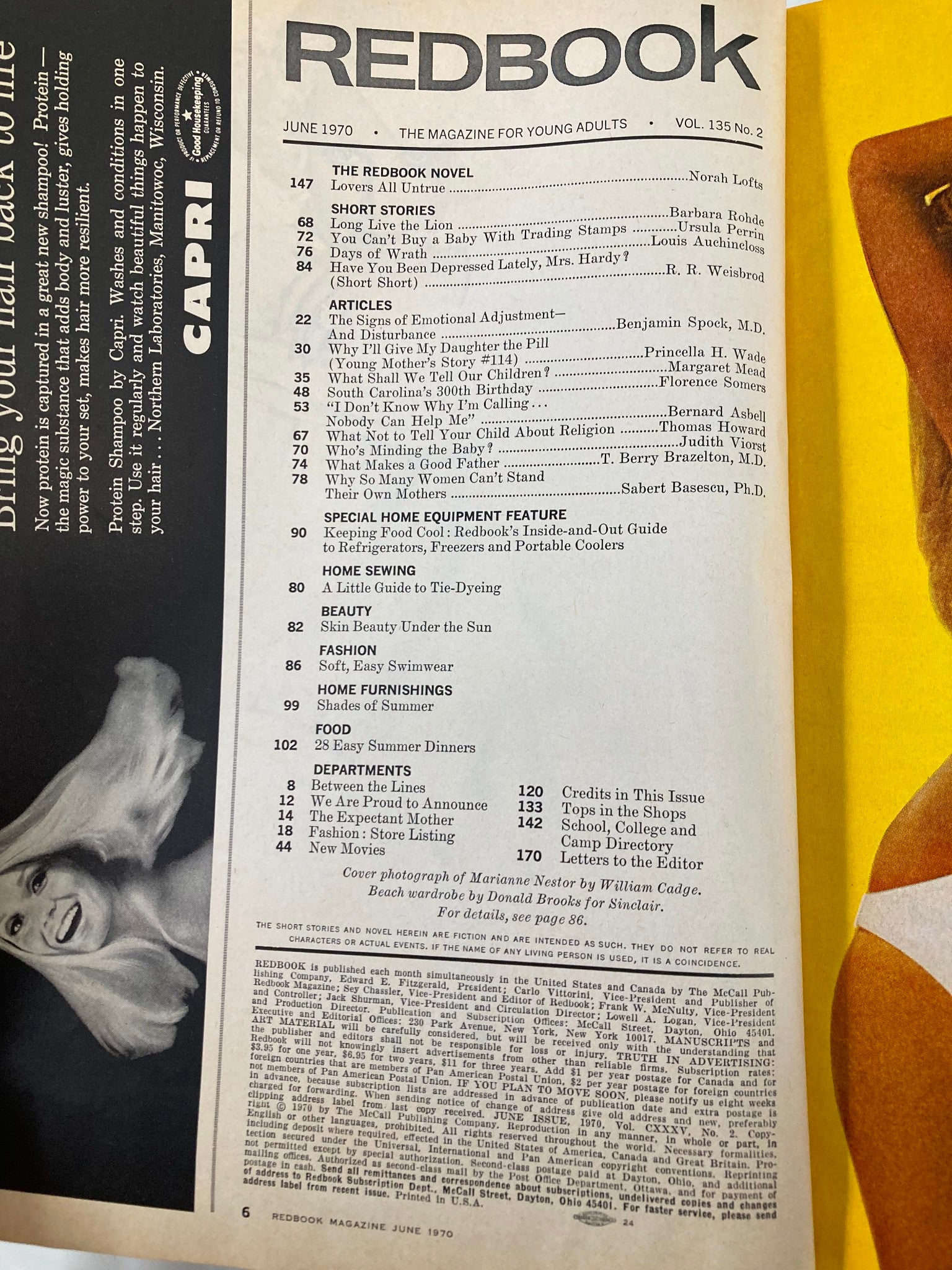 Inside pages of the June 1970 issue of Redbook Magazine featuring the table of contents and articles, emphasizing the cover photograph of Marianne Nestor. This vintage magazine edition includes topics like short stories, articles on emotional adjustment, home sewing, and summer dinners.