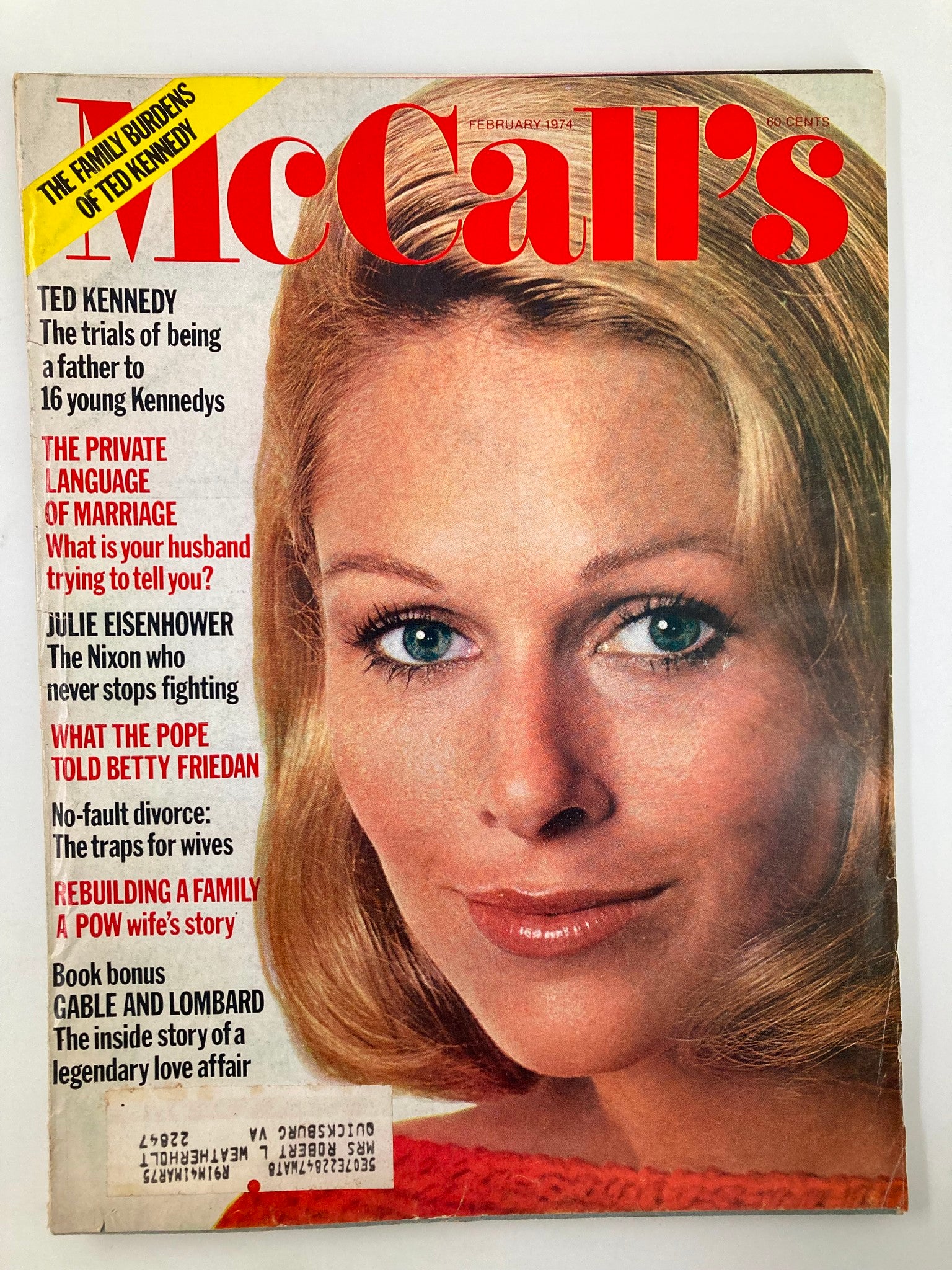 Cover of VTG McCall's Magazine February 1974 featuring the title 'What The Pope Told Betty Friedan.' The magazine showcases Ted Kennedy, articles on marriage, and personal stories with a centered image of a blonde woman.
