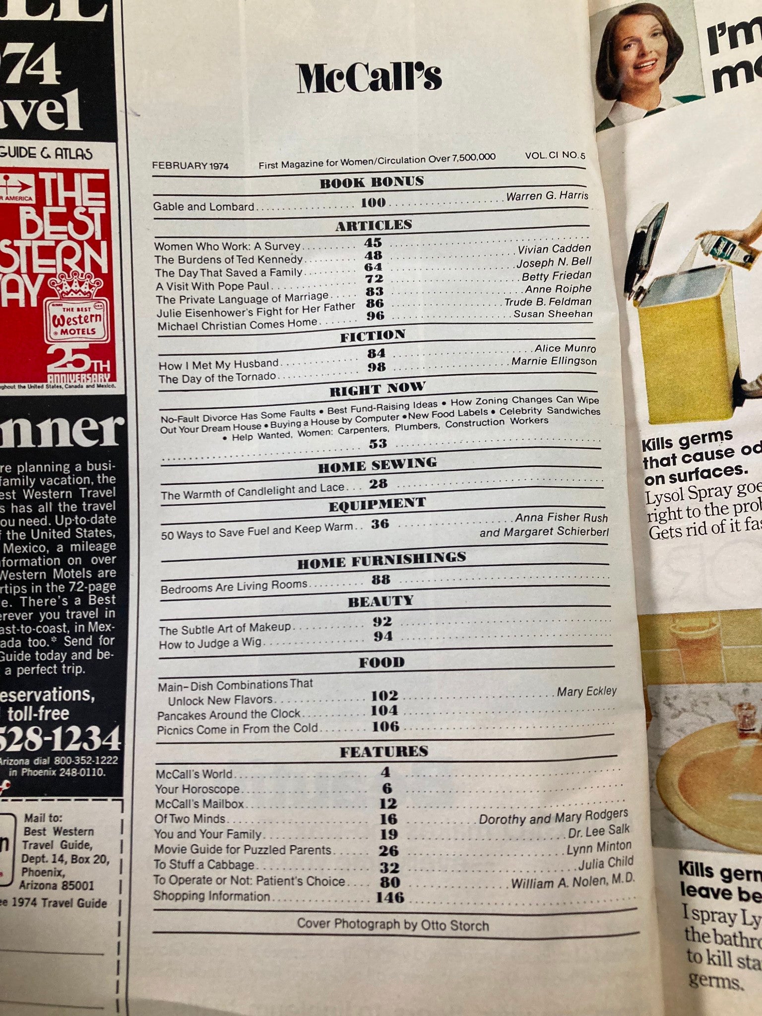 Inside page of VTG McCall's Magazine February 1974, listing articles and features including 'What The Pope Told Betty Friedan.' The page displays content topics such as beauty, home furnishing, and food in a structured format.