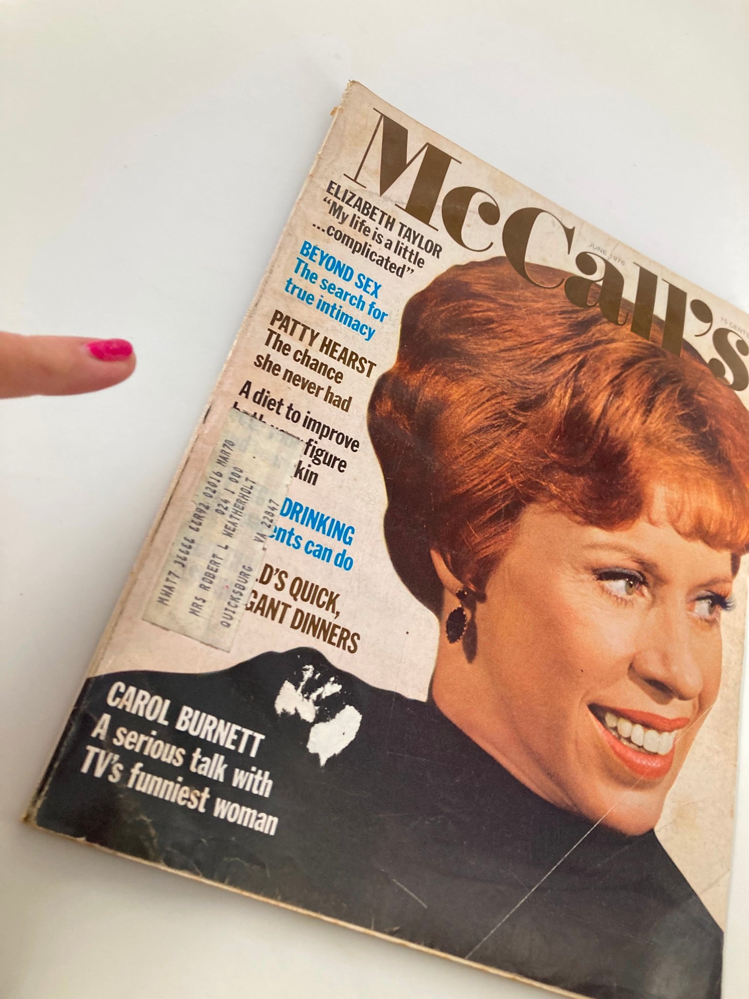 Cover of VTG McCall's Magazine June 1976 featuring Carol Burnett with a headline about a serious talk with TV's funniest woman, showcasing colorful graphics and vintage photography.