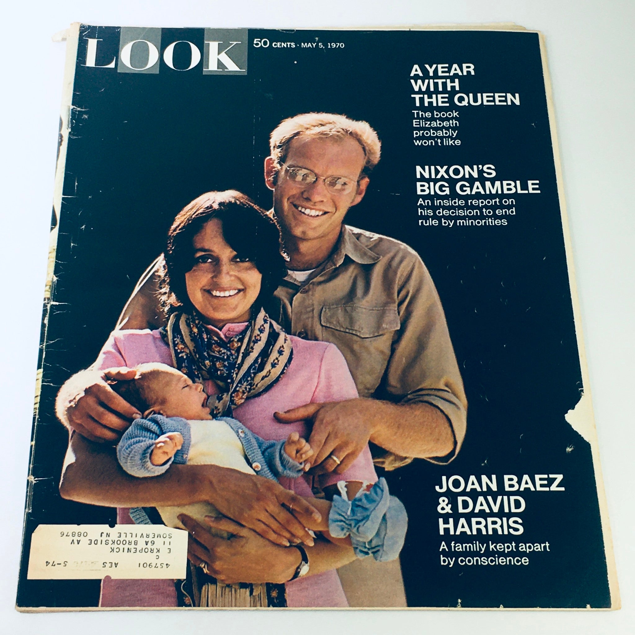 Vintage Look Magazine cover dated May 5, 1970 featuring Joan Baez and David Harris with a cover story on Richard Nixon's gamble, showcasing cultural and political themes from the 1970s.