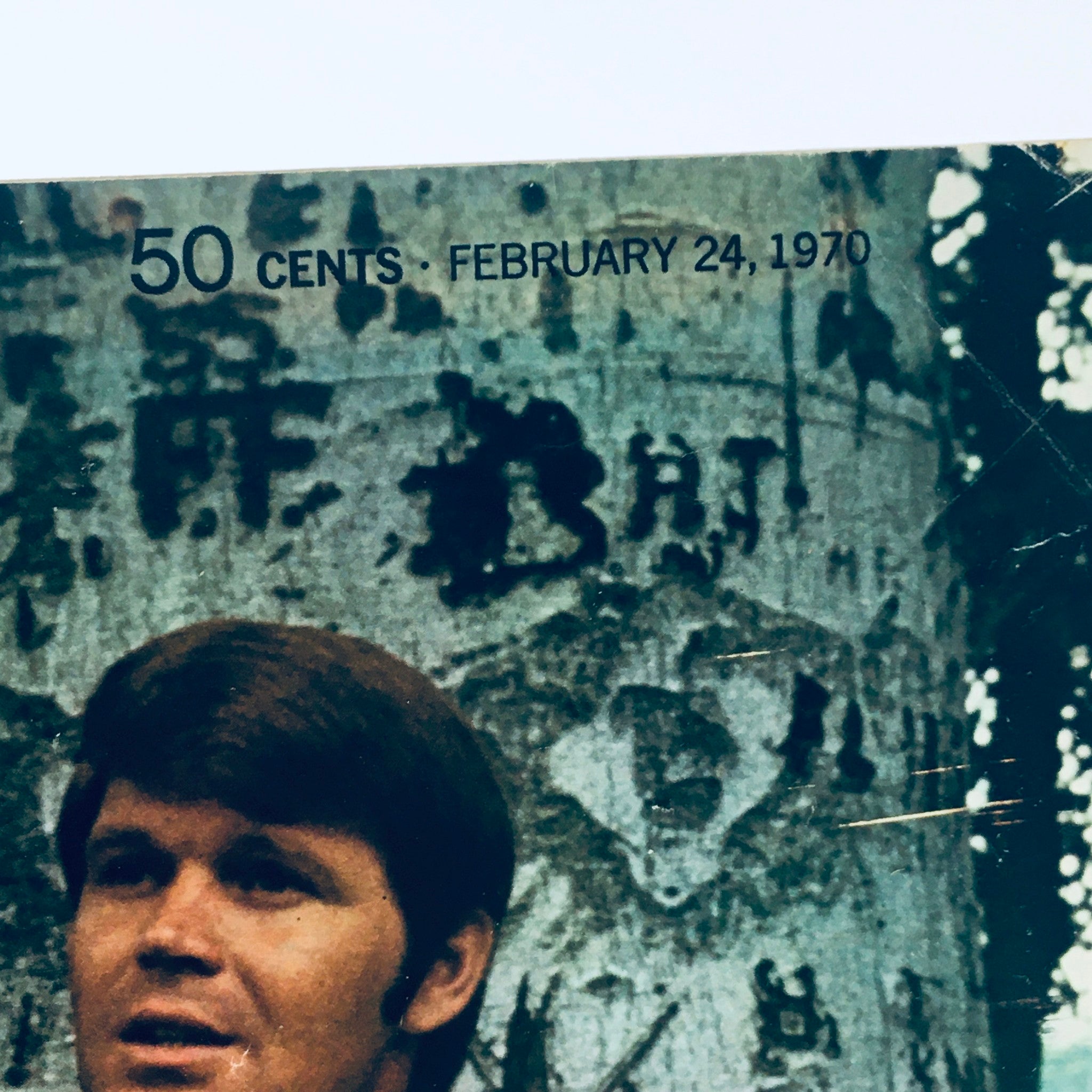 Close-up of the Vintage Look Magazine cover dated February 24, 1970 with the price and date prominently displayed. The cover features Glen Campbell by Tom Smothers, highlighting the iconic imagery of the era.