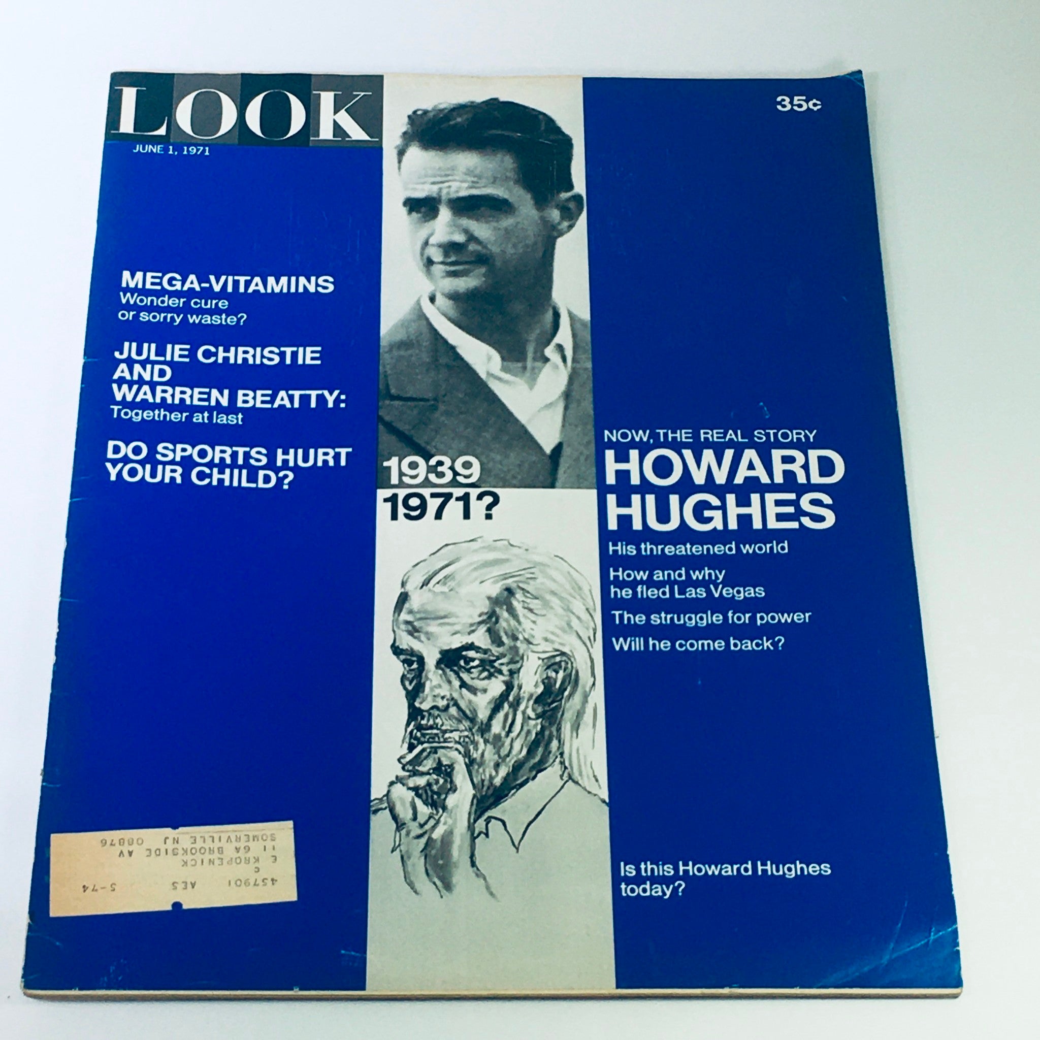 Cover of the VTG Look Magazine June 1 1971 featuring Howard Hughes, Julie Christie, and Warren Beatty. The cover has a blue background with text and images relating to pop culture and celebrity features.