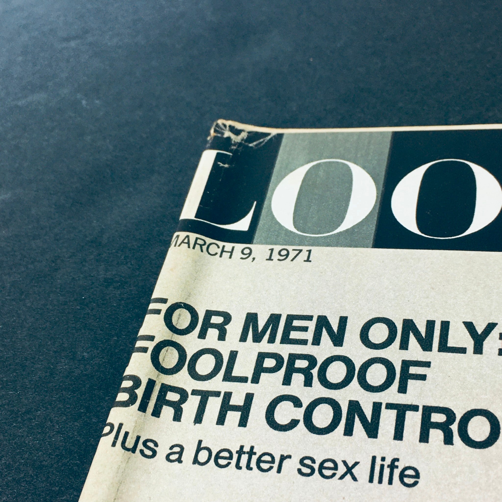 Close-up shot of the Look Magazine logo and text from the March 9, 1971 issue, featuring themes on birth control and relationships.