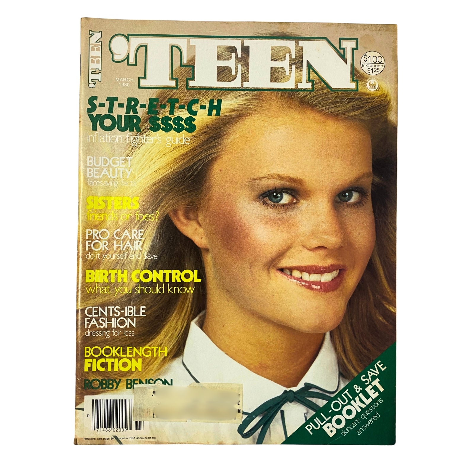 'Teen Magazine March 1980 Vol 24 No. 3 cover featuring a smiling young woman with blonde hair, promoting topics like budget beauty, birth control, and features on celebrities.