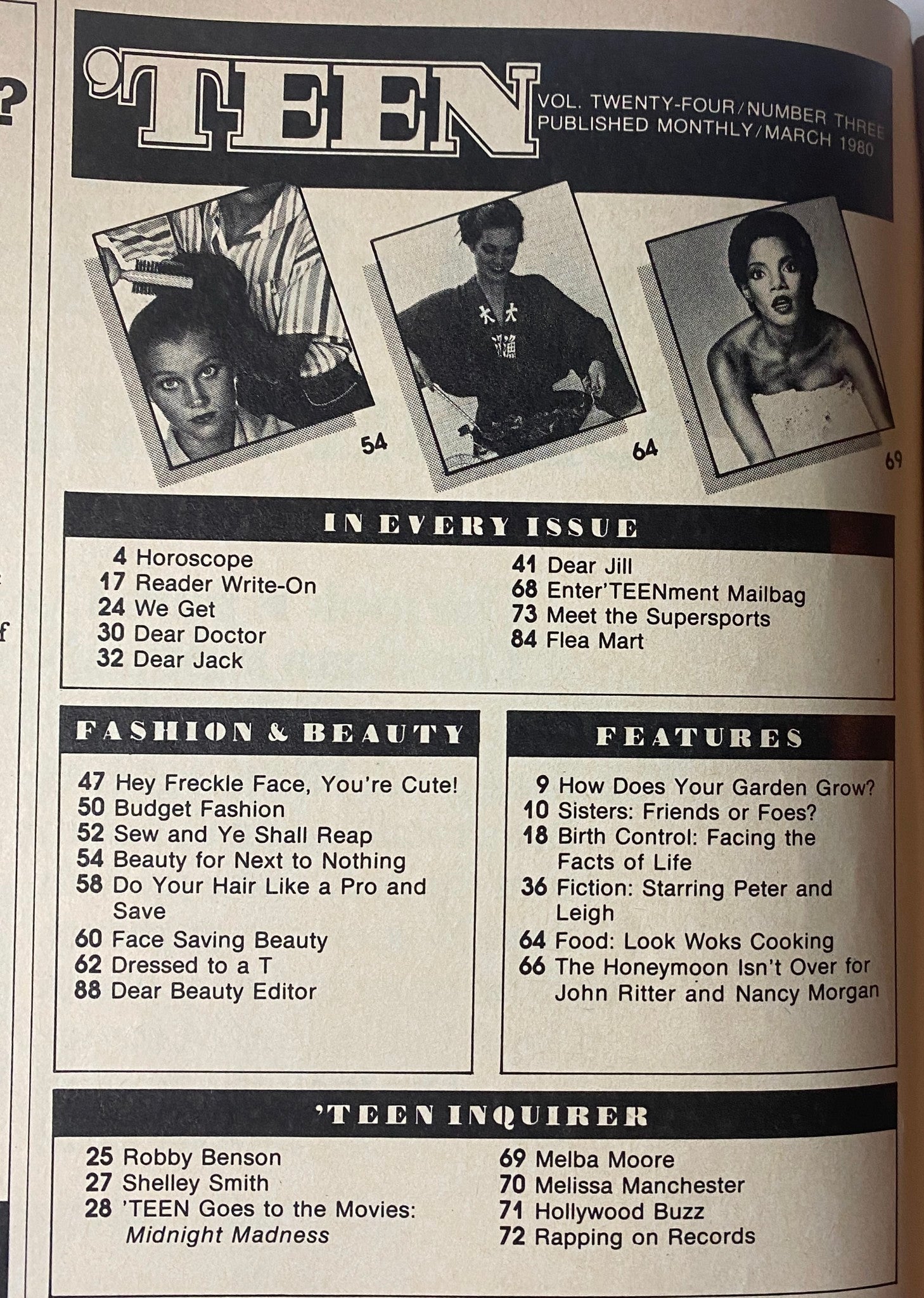 'Teen Magazine March 1980 Vol 24 No. 3 contents page showcasing sections on fashion, beauty, horoscopes, and features including an article on John Ritter and Nancy Morgan.