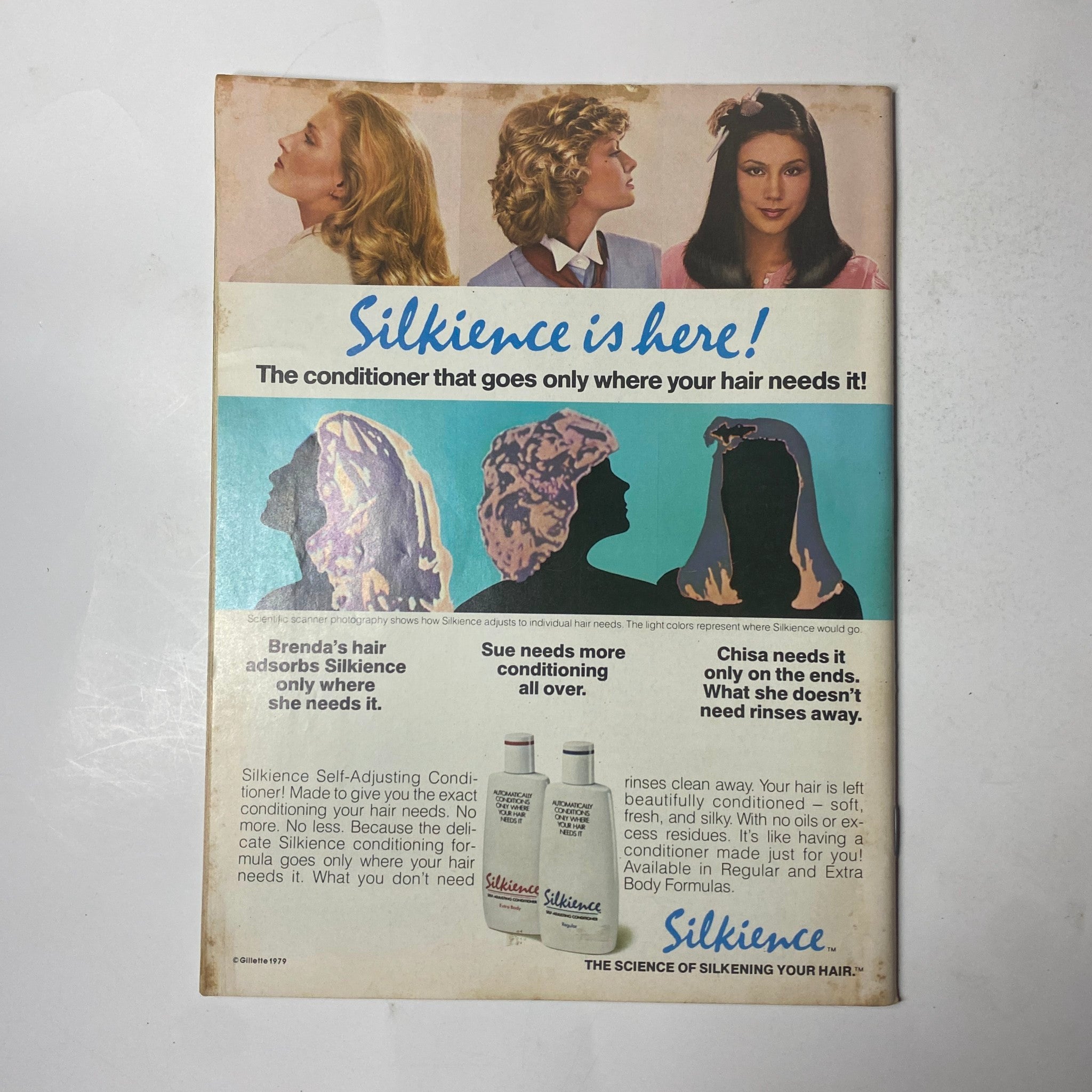 Vintage advertisement for Silikence hair conditioner featuring women with different hairstyles, promoting the benefits of the product. From 'Teen Magazine March 1980 Vol 24 No. 3 John Ritter & Nancy Morgan Feature.