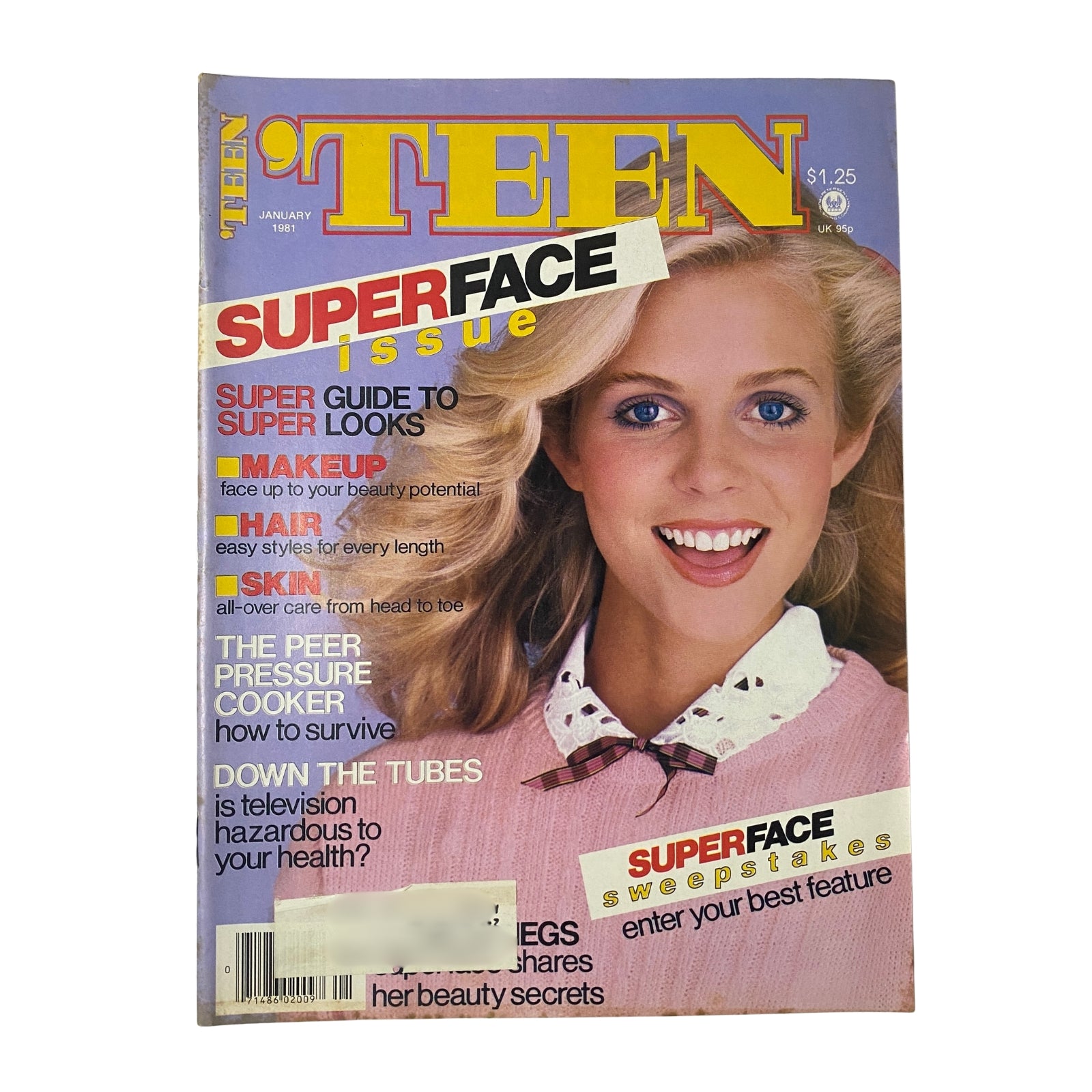 'Teen Magazine January 1981 Vol 25 No. 1 cover featuring a smiling young woman with blonde hair wearing a pink sweater, highlighting the Super Face Issue.
