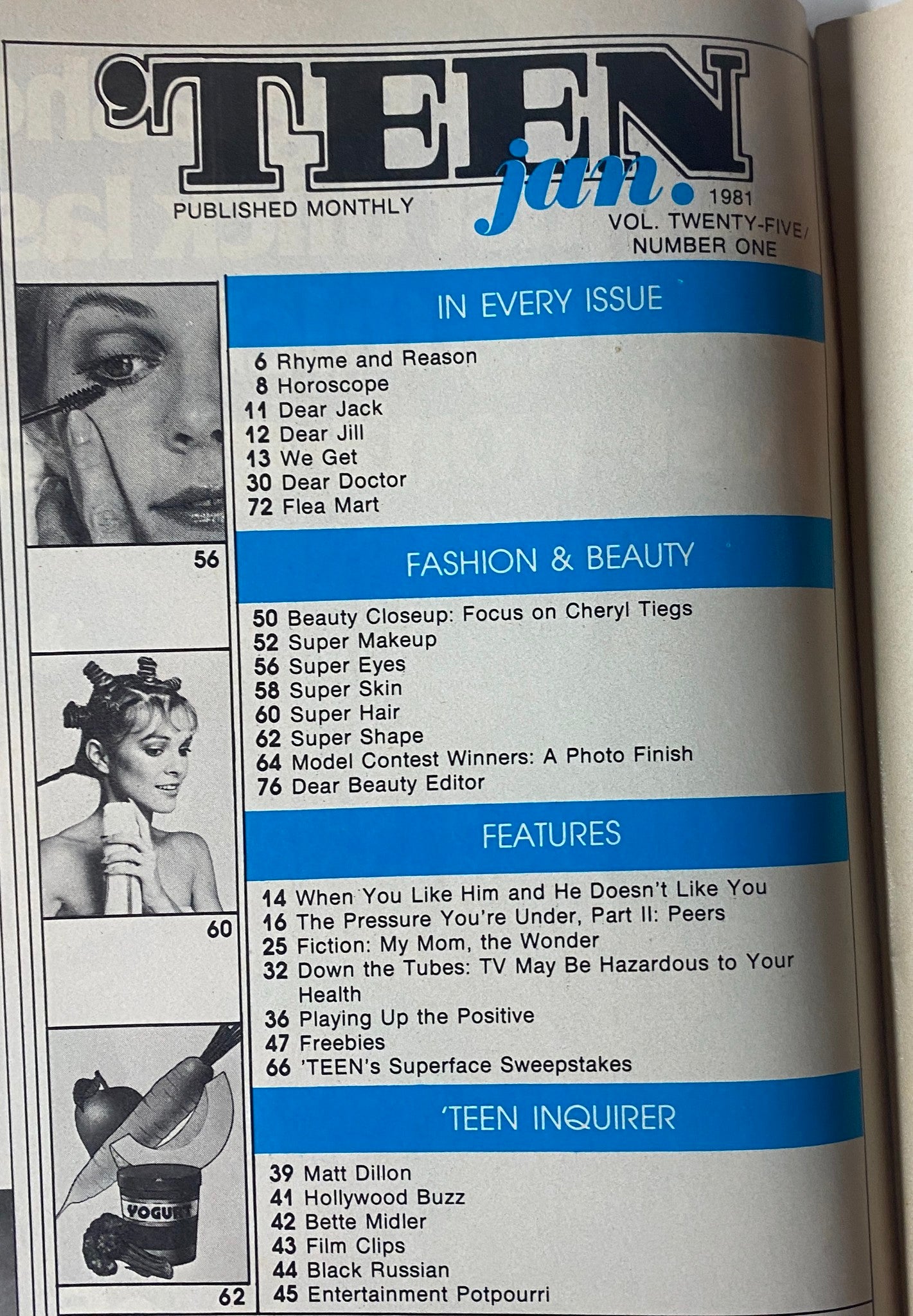 'Teen Magazine January 1981 Vol 25 No. 1 pages showcasing the table of contents, featuring sections on beauty, features, and the Teen Inquirer.