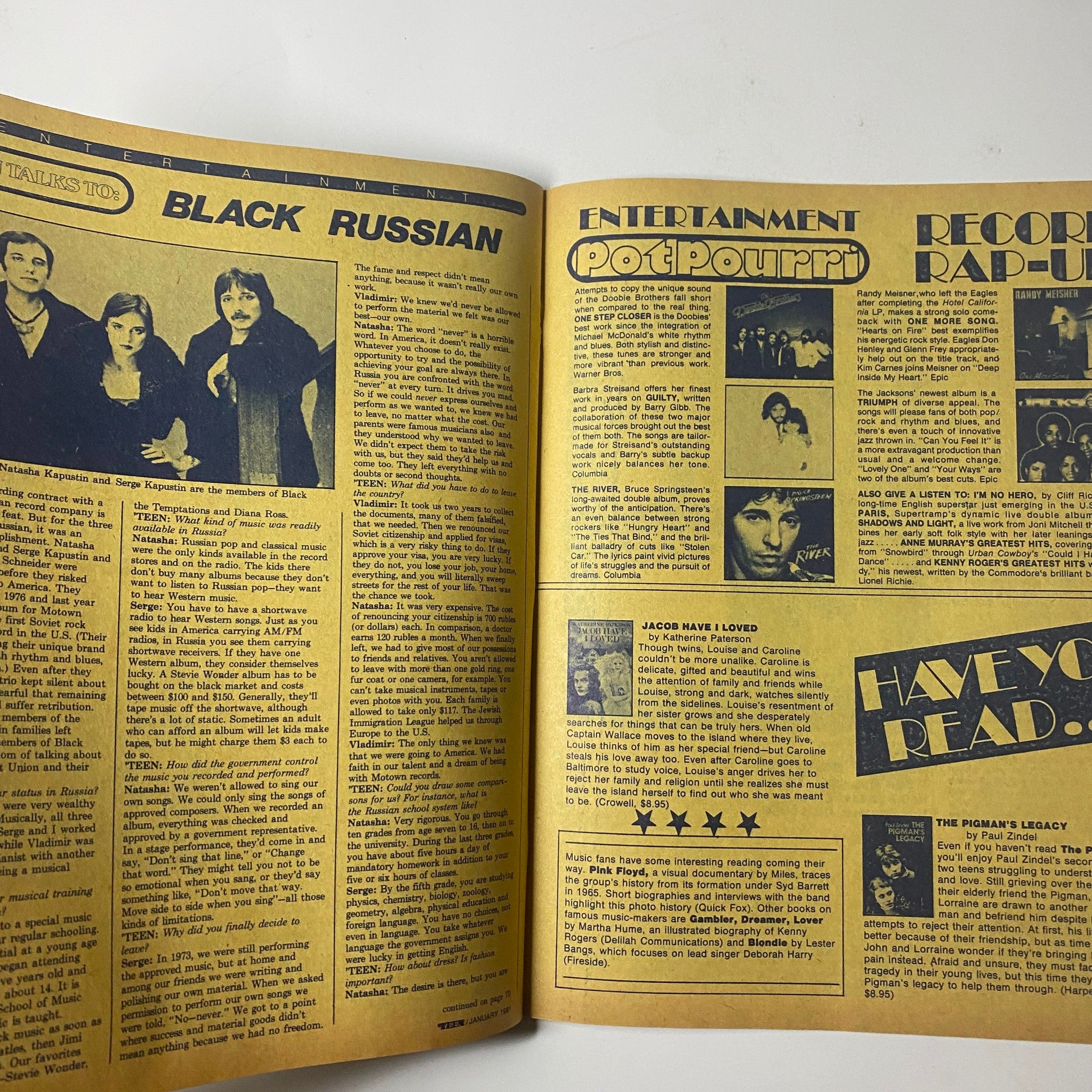'Teen Magazine January 1981 Vol 25 No. 1 featuring an article titled 'Black Russian' with a colorful layout and text about pop culture.