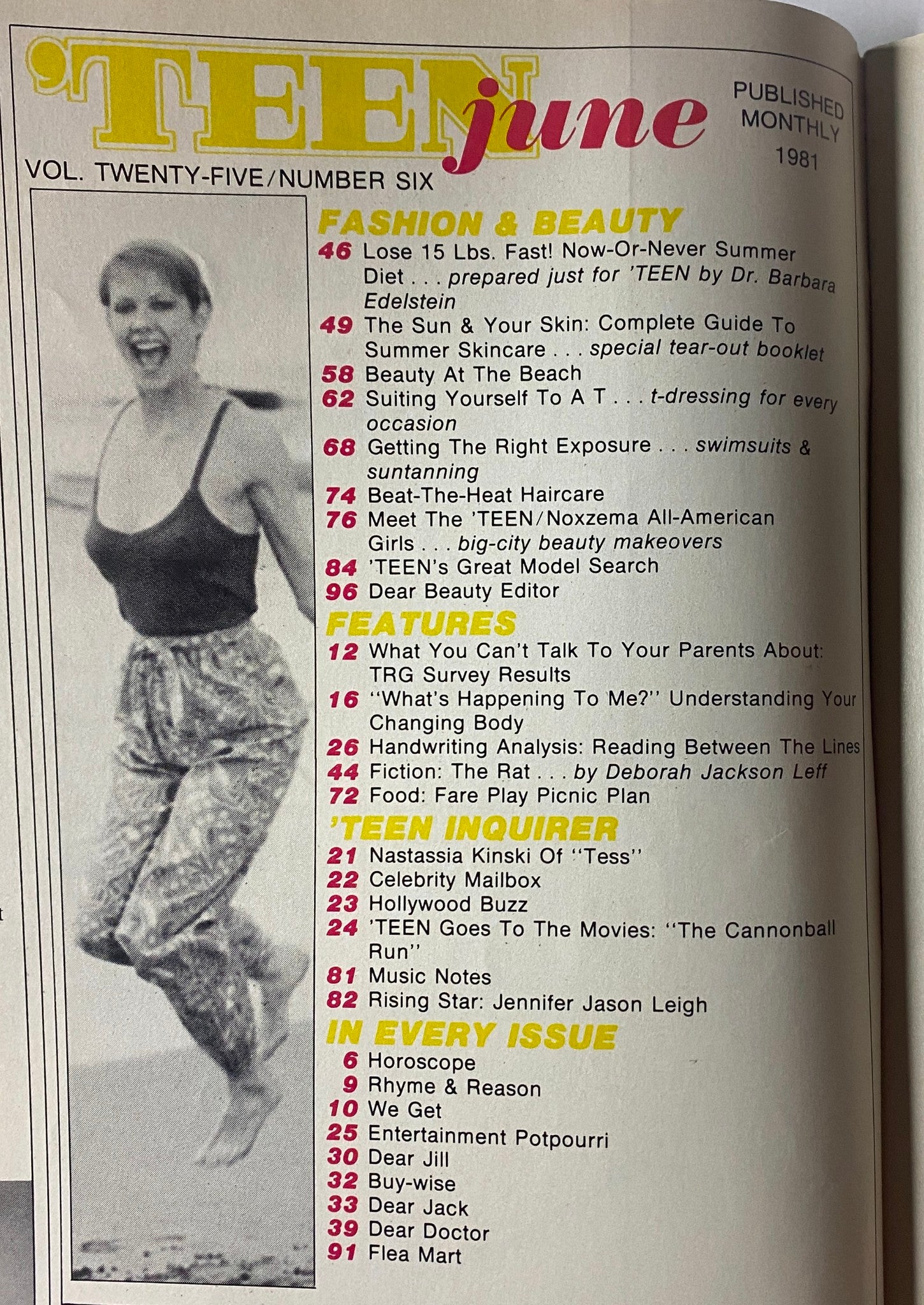 Table of contents from 'Teen Magazine June 1981 Vol 25 No. 6, showcasing topics like fashion, beauty, and features on adolescence.