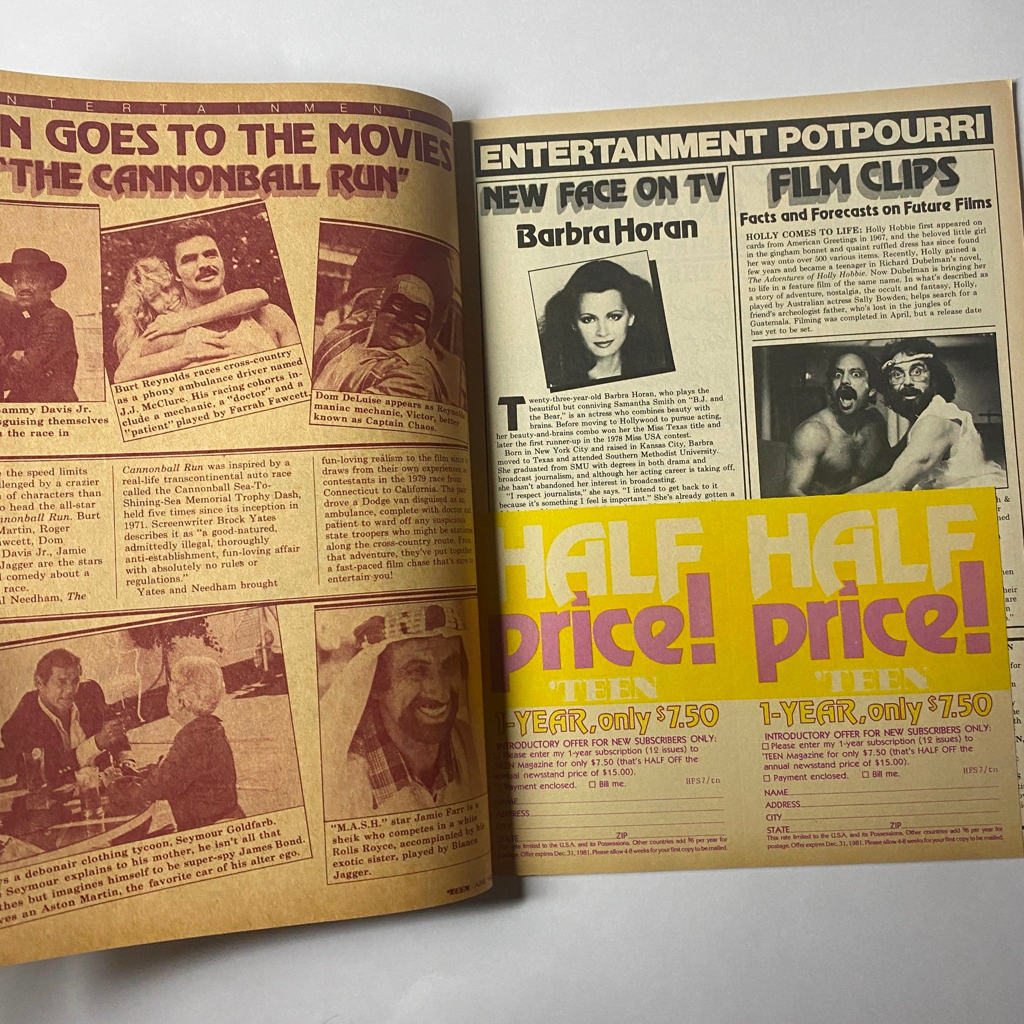 Interior page of 'Teen Magazine June 1981 Vol 25 No. 6, displaying a movie feature including promotions for the film 'Cannonball Run'.