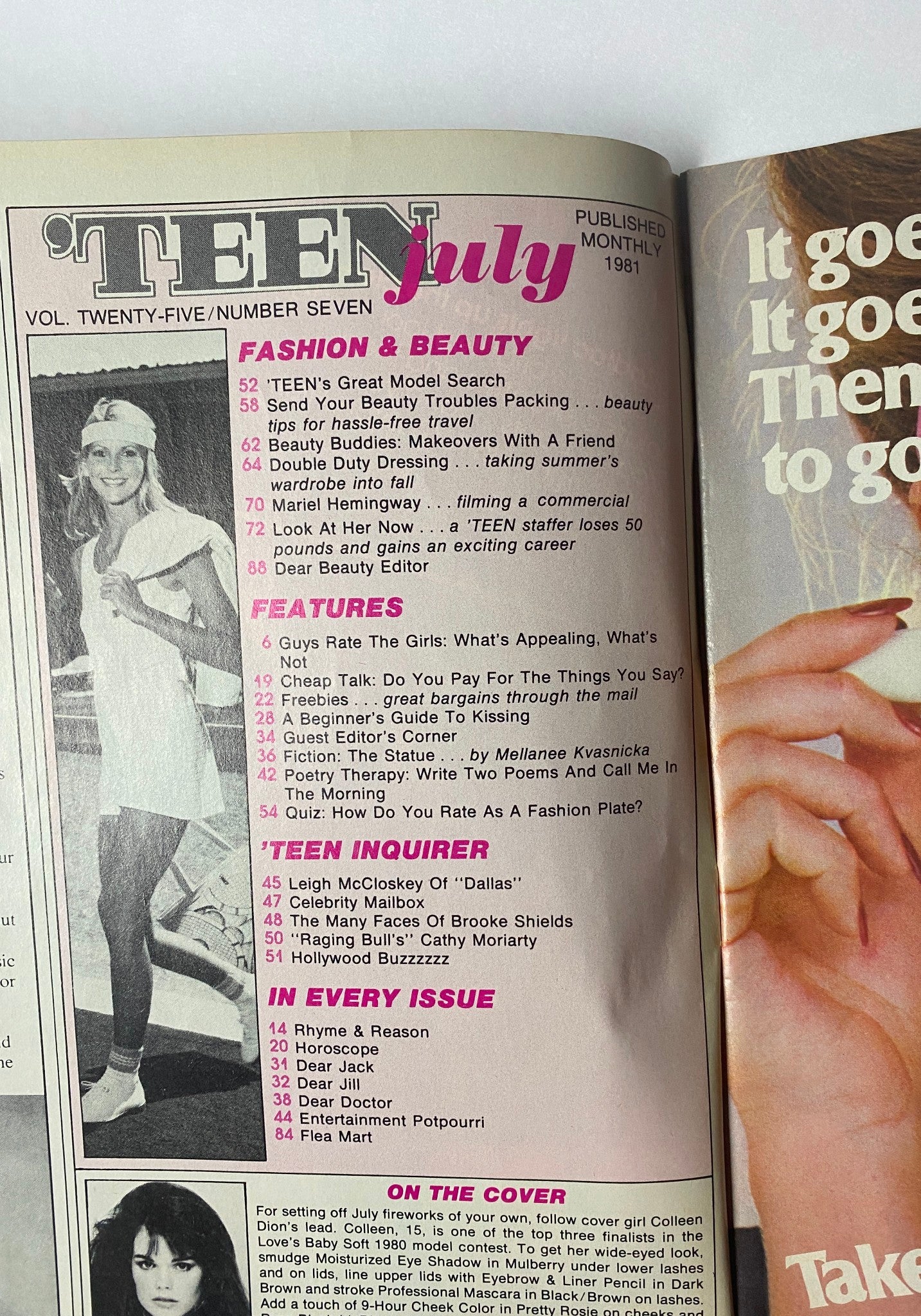 Teen Magazine July 1981 Vol 25 No. 7 featuring fashion highlights like 'Teen's Great Model Search' and beauty tips. Includes a list of contents and articles relevant to teen culture.