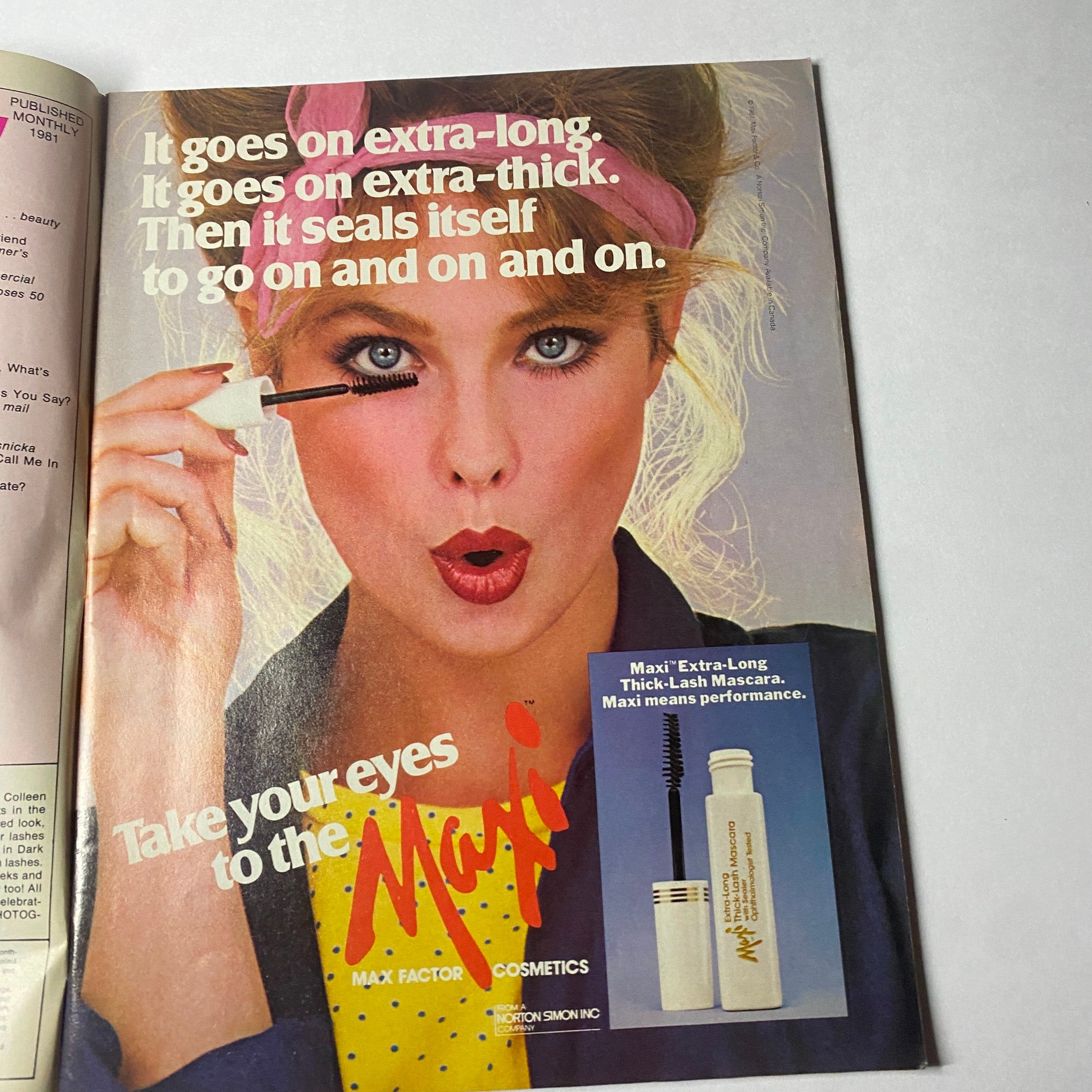 Teen Magazine July 1981 Vol 25 No. 7 showcasing a makeup advertisement for Max Factor's Extra-Long mascara, emphasizing its performance in thickening and lengthening lashes.
