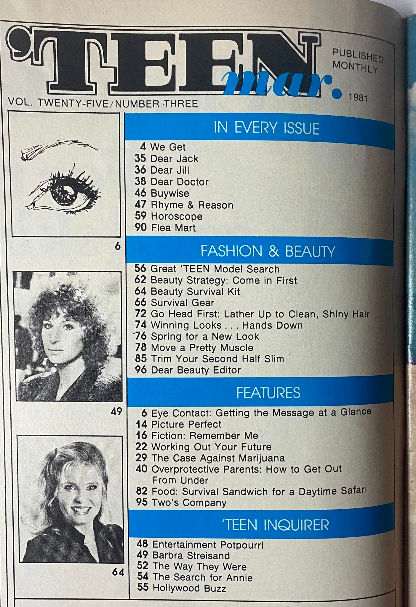 Interior page of 'Teen Magazine March 1981 Vol 25 No. 3' listing contents such as Fashion & Beauty, Features, and Teen Inquirer, showcasing the magazine's diverse topics for young readers.
