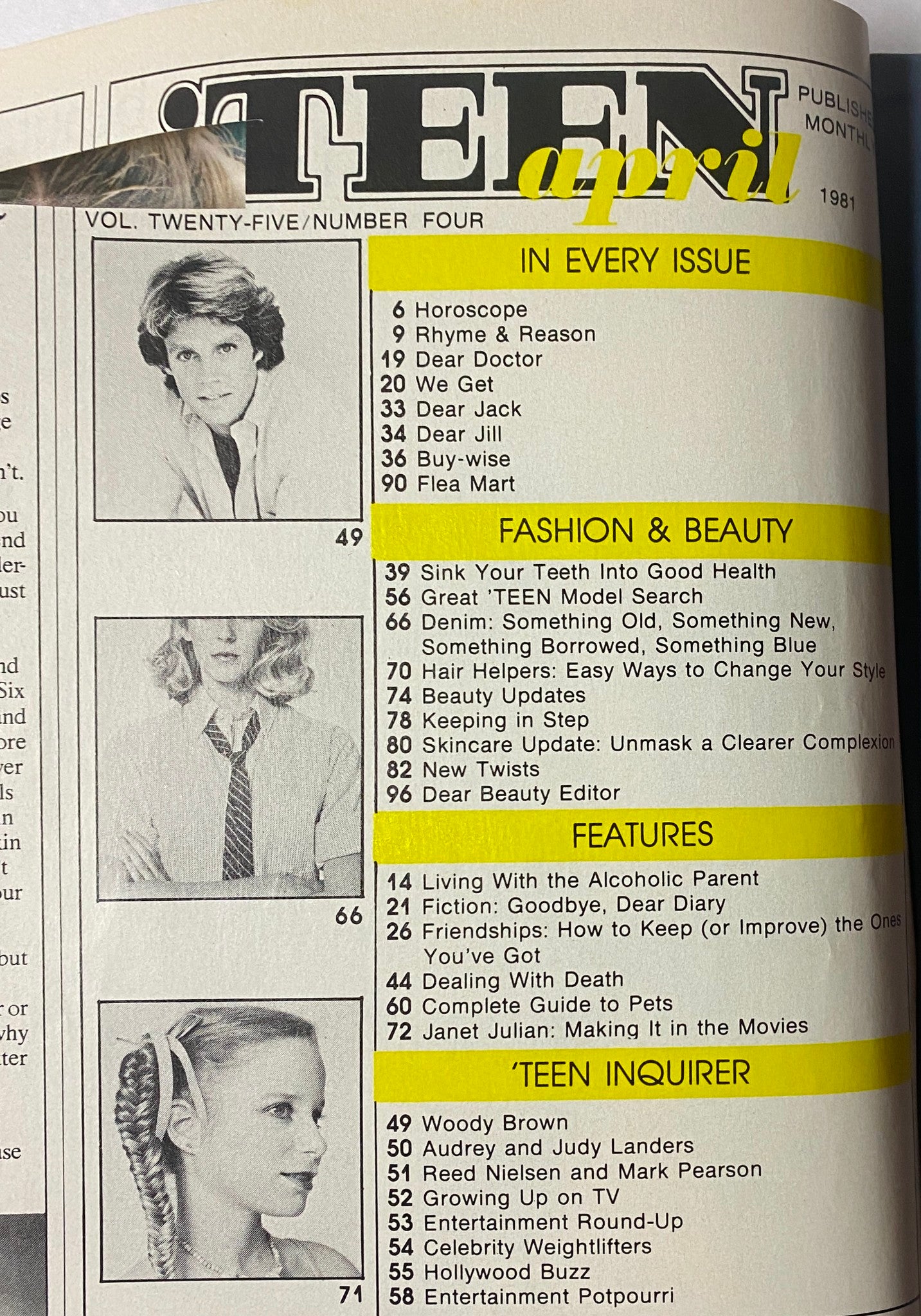 'Teen Magazine April 1981 - Table of Contents showcasing sections like Fashion & Beauty, Features, and Teen Inquirer. Includes a preview of the Skincare Updates feature.
