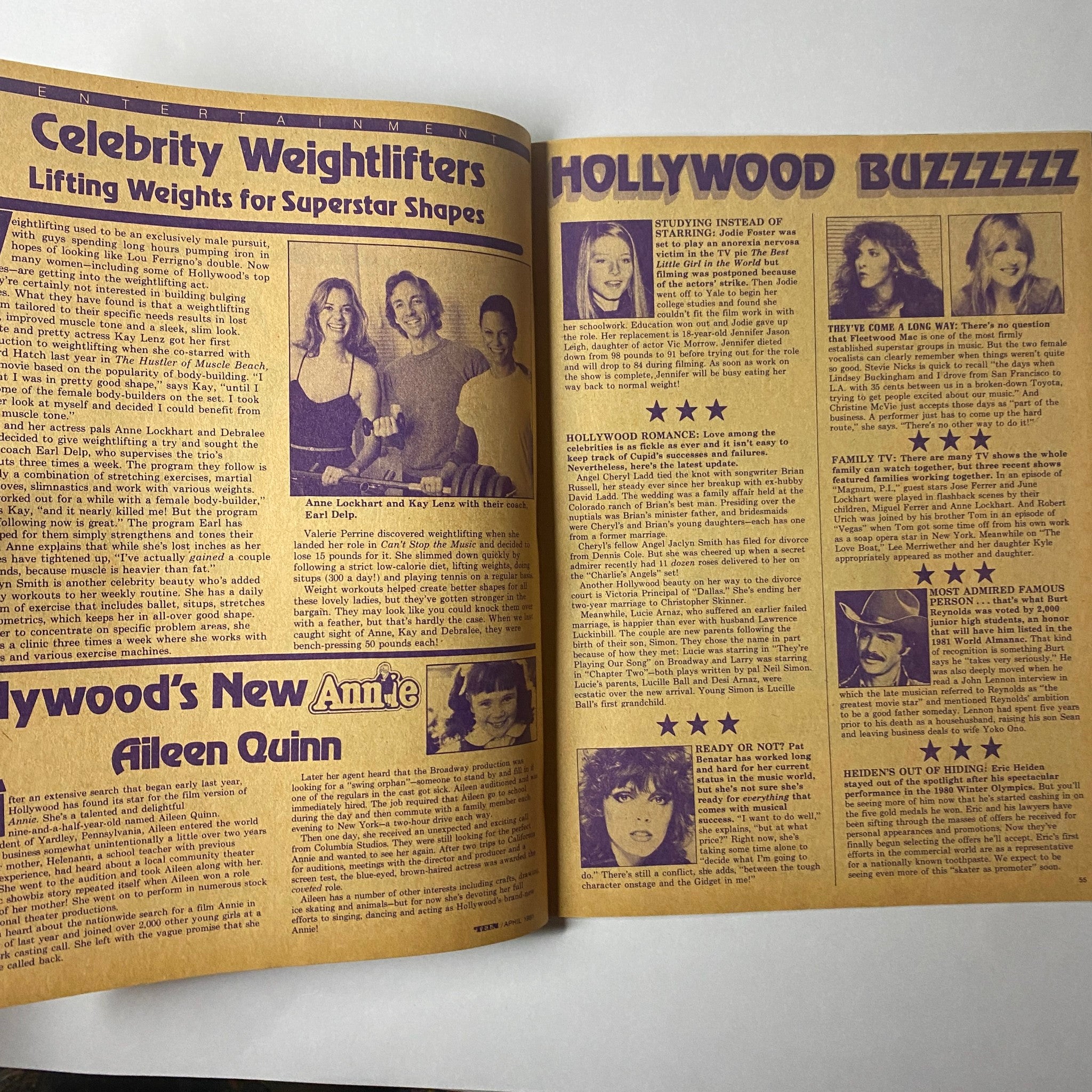 A spread from 'Teen Magazine April 1981 Vol 25 No. 4', featuring a section titled 'Celebrity Weightlifters' discussing weightlifting for superstars, along with the 'Hollywood Buzz' section showcasing celebrity news in a vintage layout.