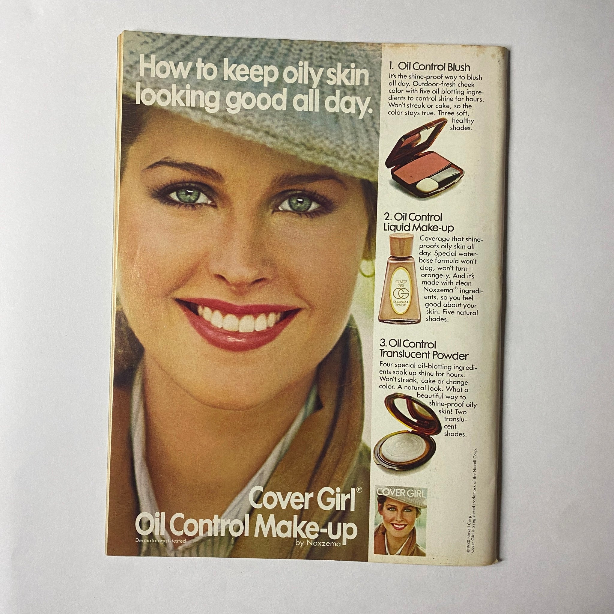 An advertisement from 'Teen Magazine April 1981 Vol 25 No. 4' for Cover Girl Oil Control Make-up. The image features a smiling woman with a clean complexion, presenting tips on keeping oily skin looking good all day with various makeup products.
