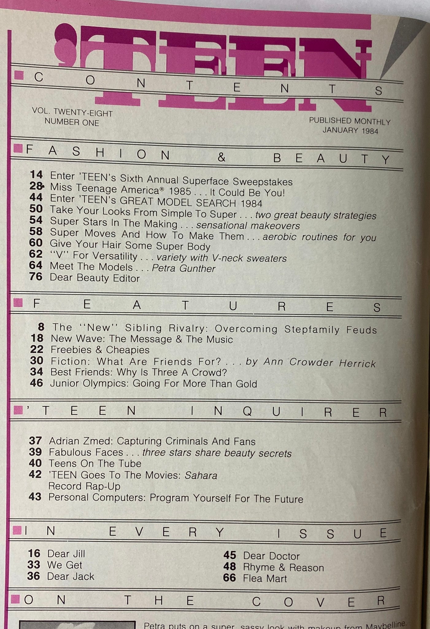 'Teen Magazine January 1984 Vol 28 No. 1 Table of Contents highlighting features on fashion, beauty strategies, and articles relevant to teen culture of the 1980s.