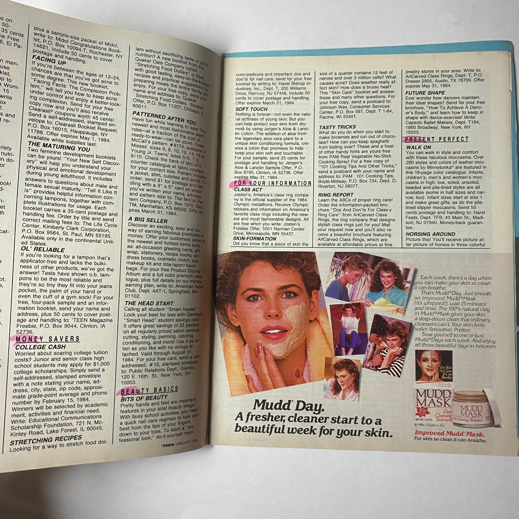 'Teen Magazine January 1984 Vol 28 No. 1 interior page focusing on beauty advice with a featured model, emphasizing skincare tips and retro aesthetics.