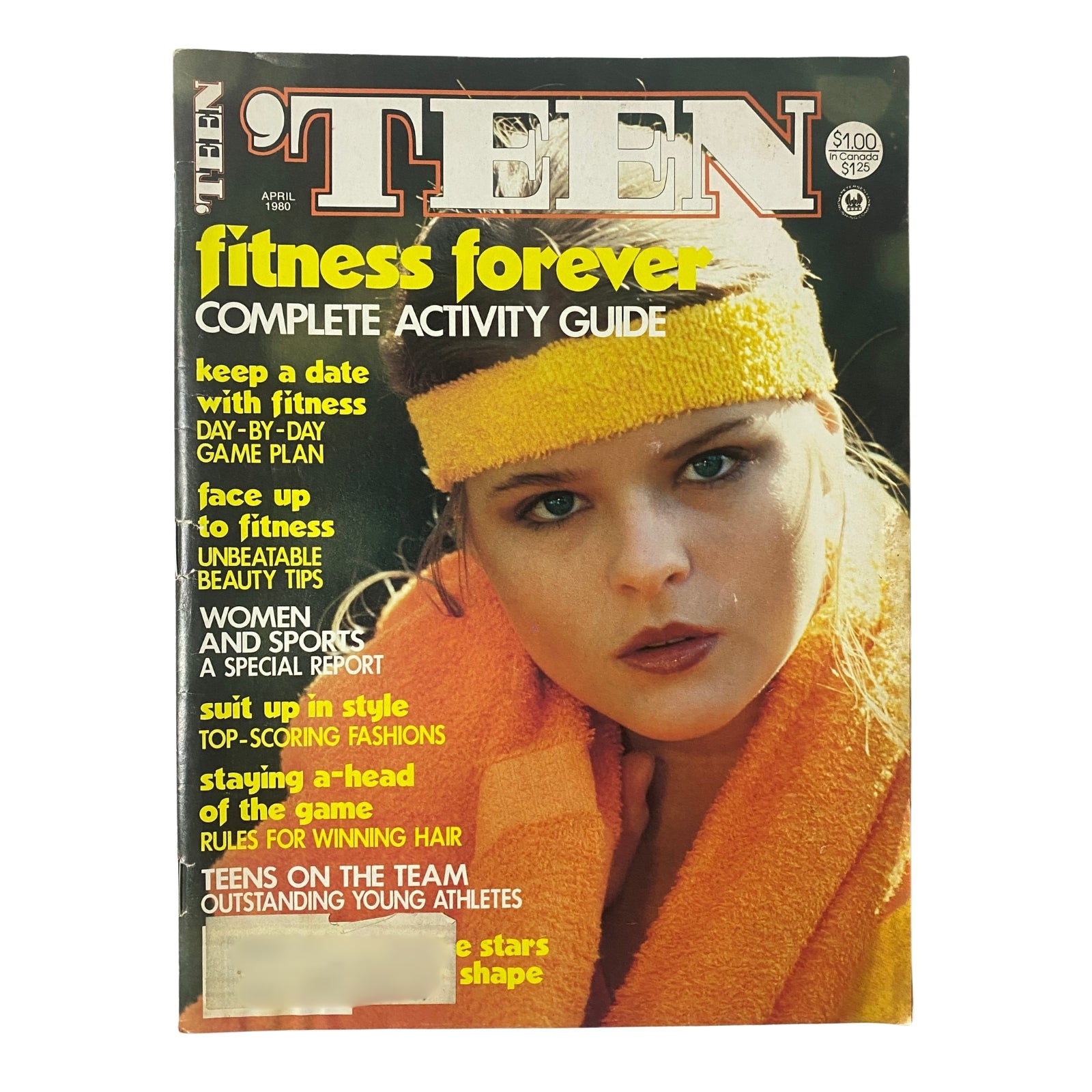 'Teen Magazine April 1980 Vol 24 No. 4 - Fitness Forever Complete Activity Guide cover featuring a young woman in a bright yellow workout outfit, emphasizing fitness and beauty for teens.